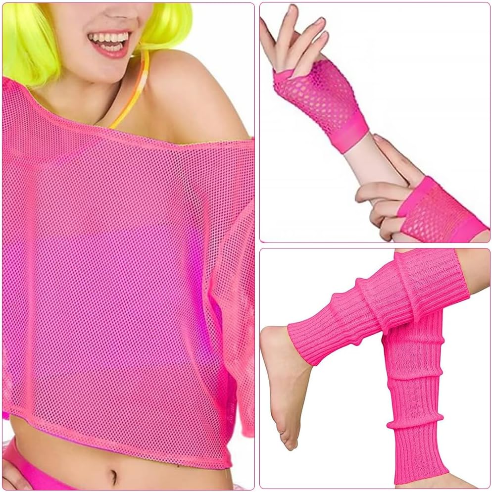 Detalle de mizikuu Neon-80er Damen-Outfit-Set mit Netzshirt, Brille und bunten Accessoires