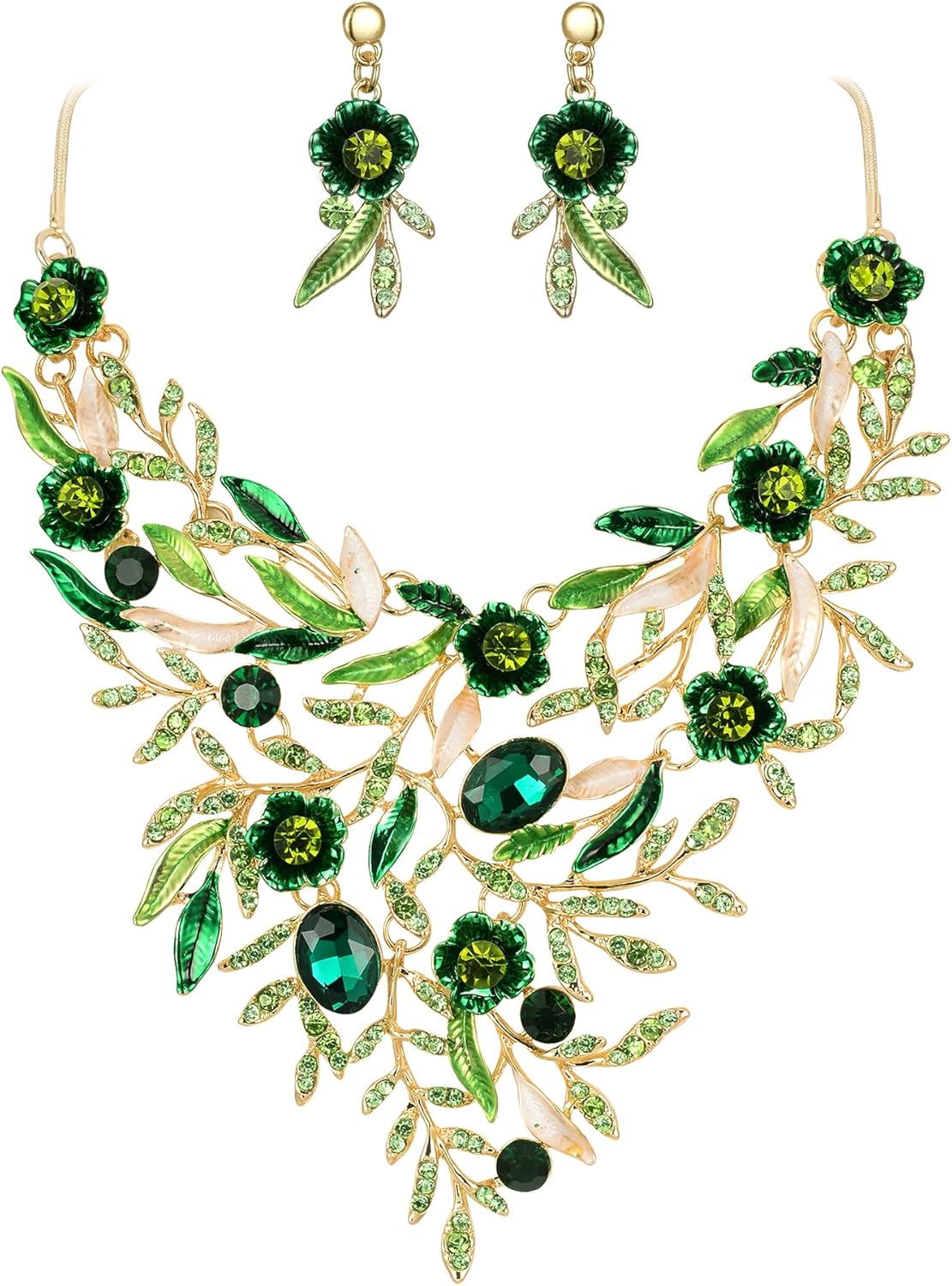 Thumbnail 4 de Parure de bijoux de mariage Clearine : collier et boucles d’oreilles en émail et cristal, fleurs et longues feuilles