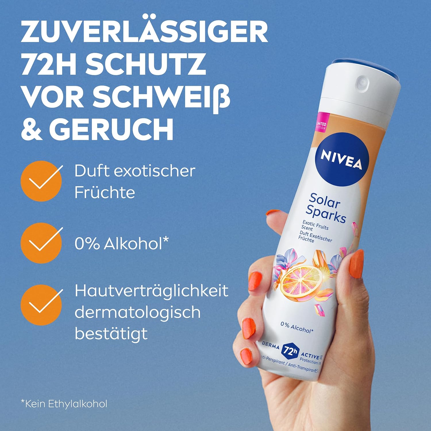 Detalle 2 de NIVEA Solar Sparks Limited Edition Deospray – 72h Anti-Transpirant, fruchtiger Duft, 150 ml