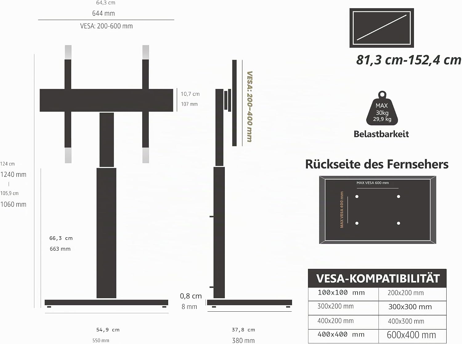 Thumbnail 5 de FITUEYES TV Ständer mit Glasboden für 32–60 Zoll – höhenverstellbar, bis 30 kg, VESA 600×400 mm, Schwarz