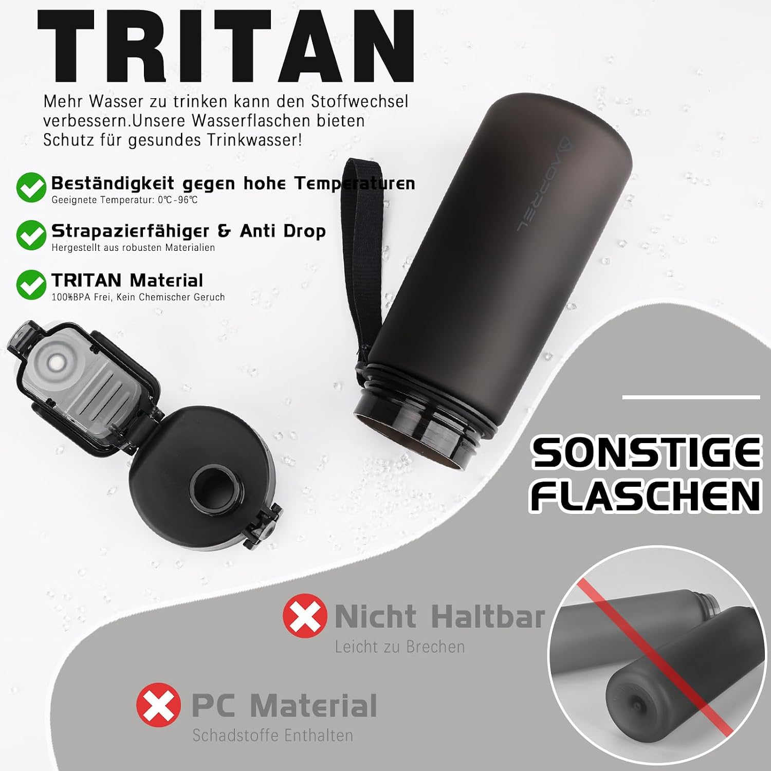 Detalle de AOPREL Trinkflasche 600 ml – BPA-freie Tritan-Wasserflasche, auslaufsicher