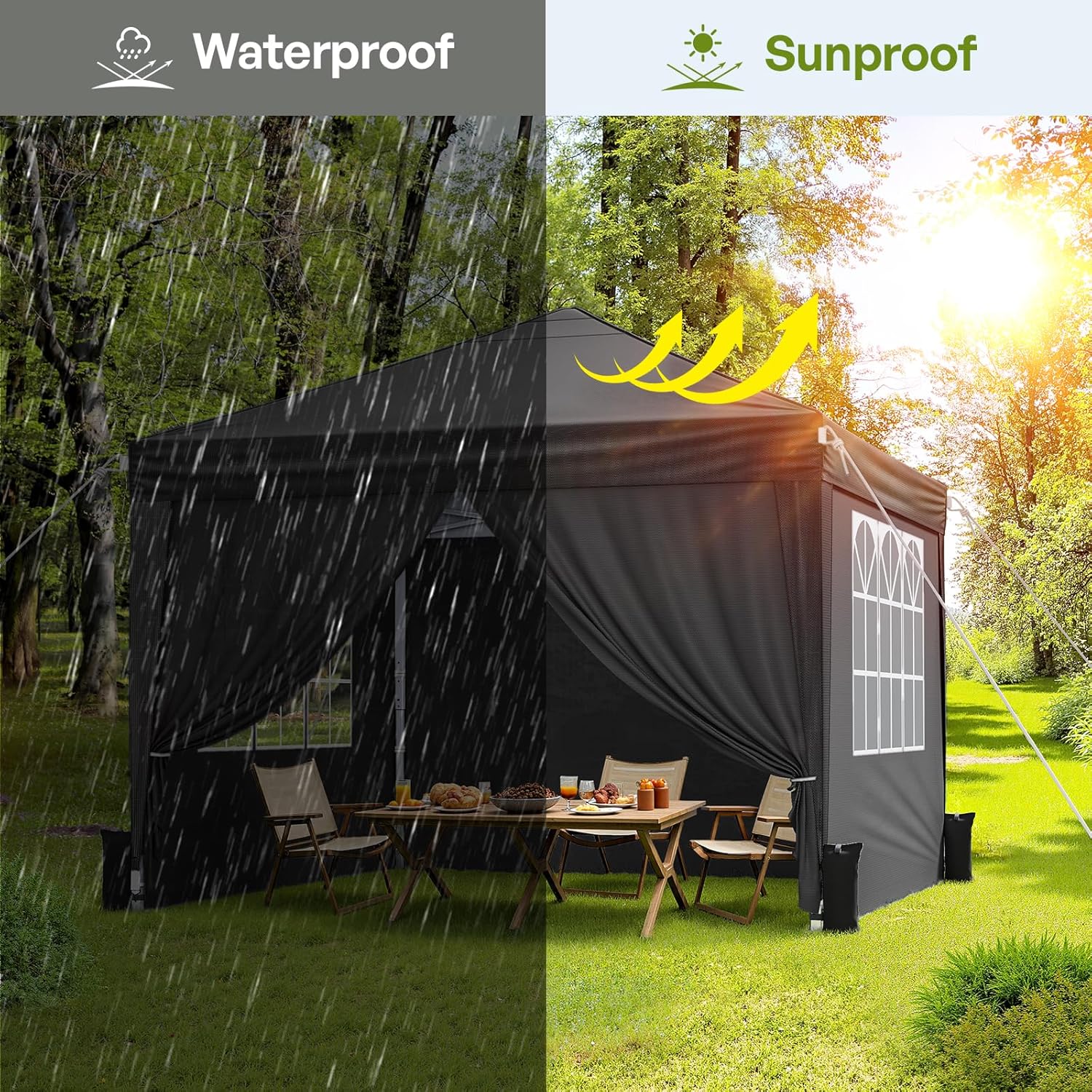 Detalle 2 de Driftalia Gazebo with Sides 3m x 3m – Waterproof Pop Up Gazebo with 4 Sandbags and Carry Bag (Black)