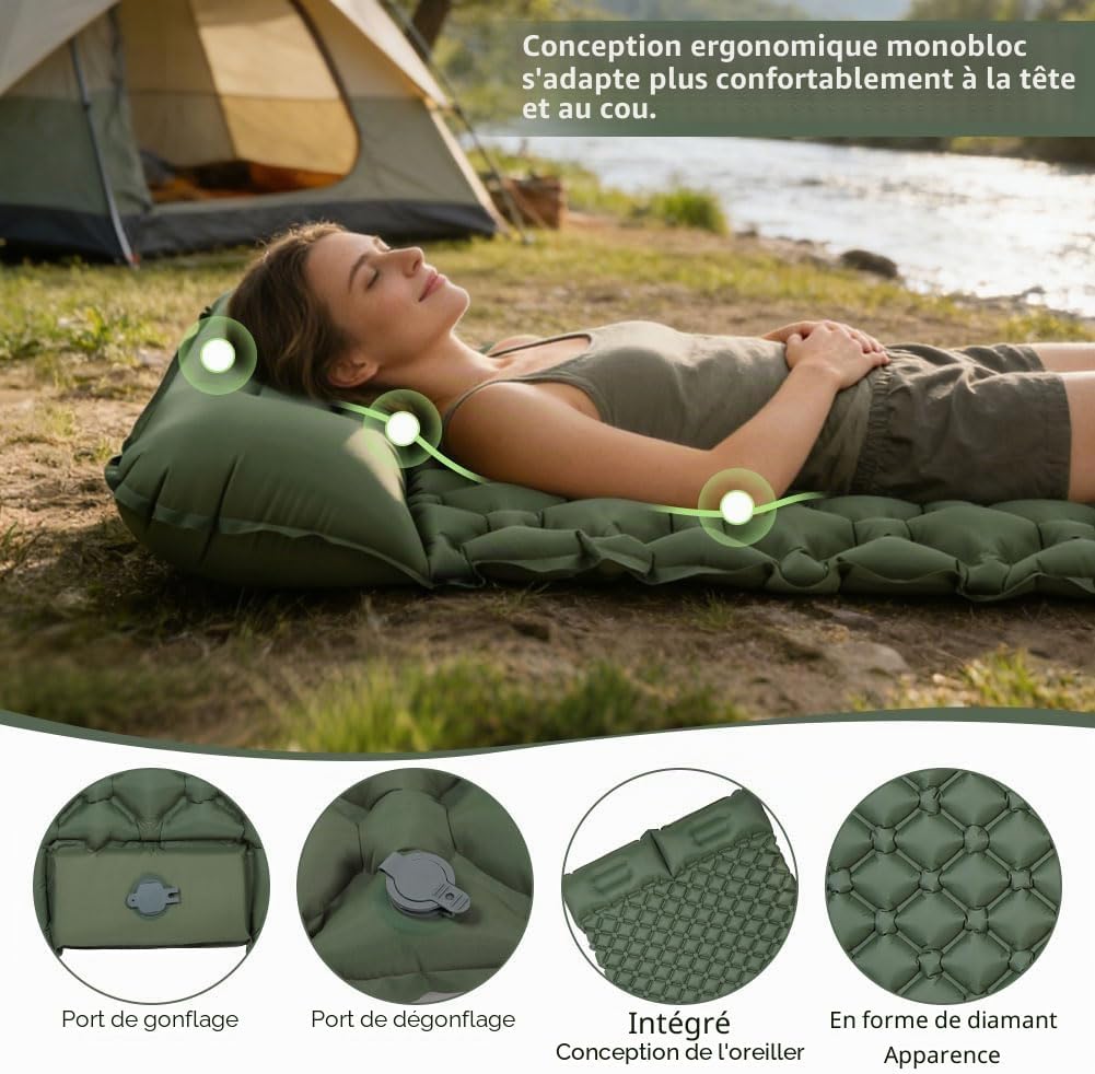 Detalle de AUYAO Matelas Camping Gonflable 190x120x5 cm avec Oreiller intégré et pompe à pied – léger, imperméable et modulable