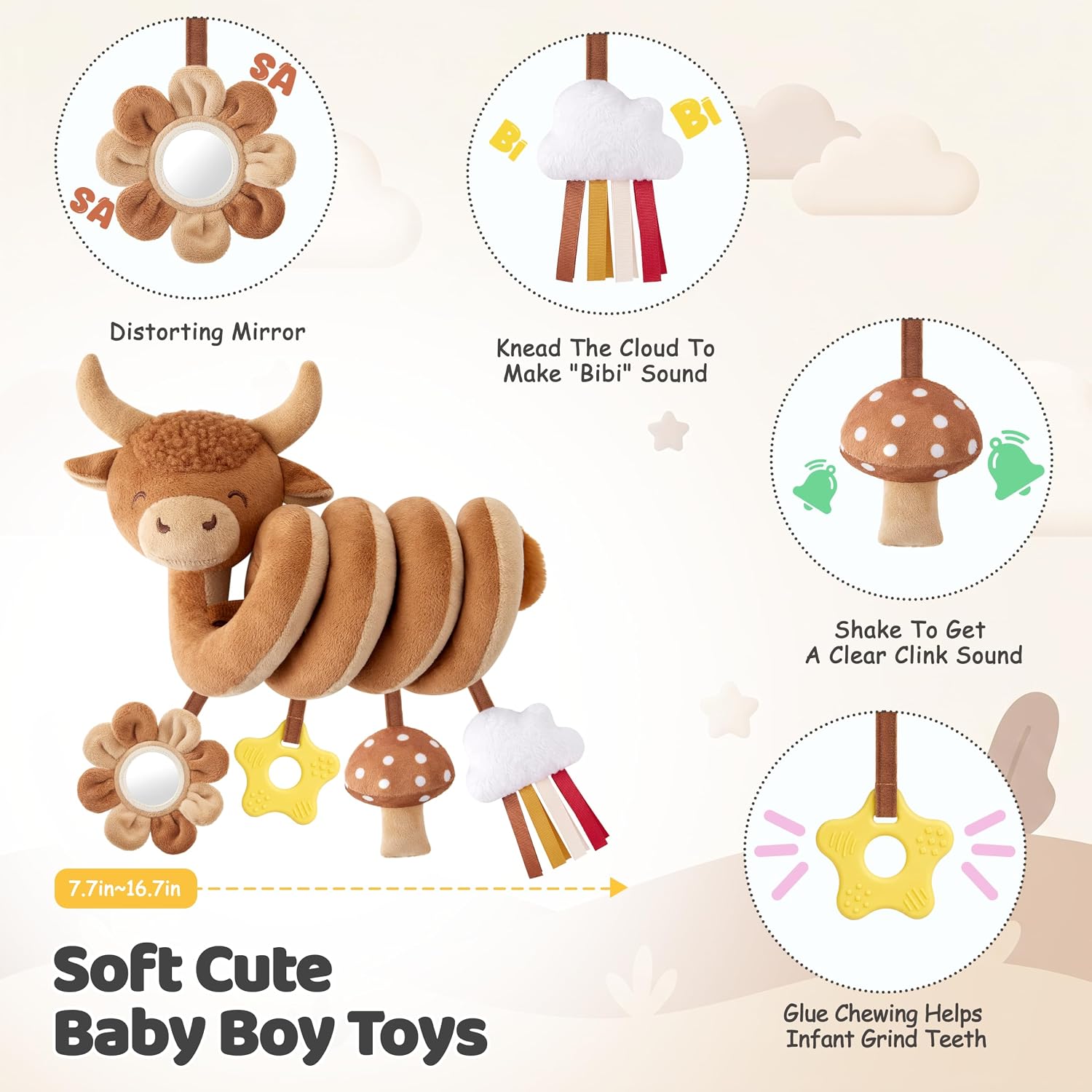 Detalle 2 de Stuffed YX_CST_007 Highland Cow Spiral Stroller Toy with Sensory Pendants