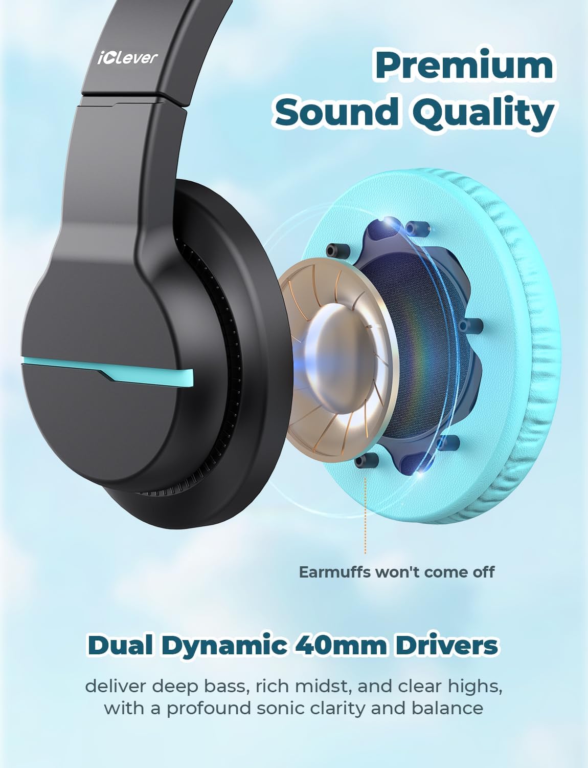 Thumbnail 3 de iClever HS19 Kids Over-Ear Headphones, 85 dBA Limit, Mic and 3.5mm Jack
