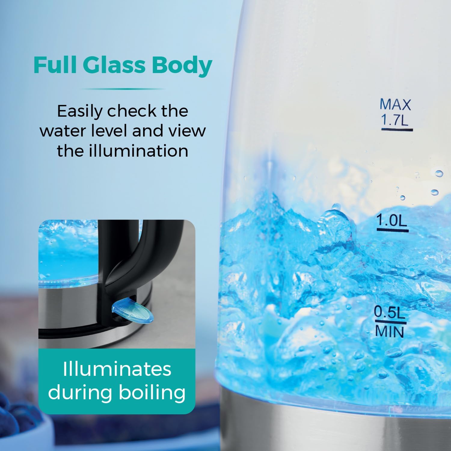 Thumbnail 3 de Tower PT10090BLK Illuminating Glass Kettle (1.7L, 2200W) with Removable Filter & Boil Dry Protection