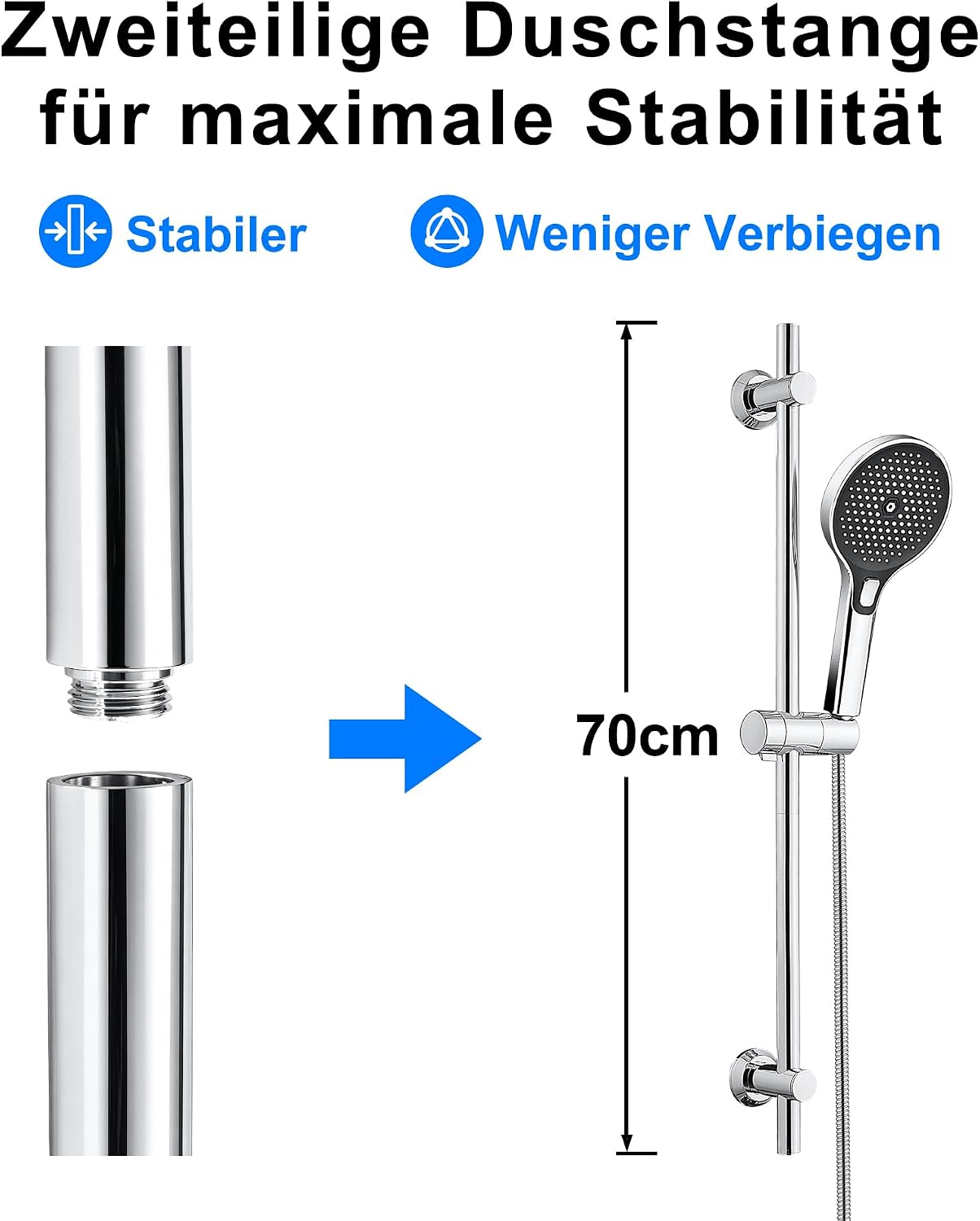 Detalle de JOHO Edelstahl Duschstange 70 cm – Duschset mit XXL-Handbrause, Schlauch & verstellbarem Halter
