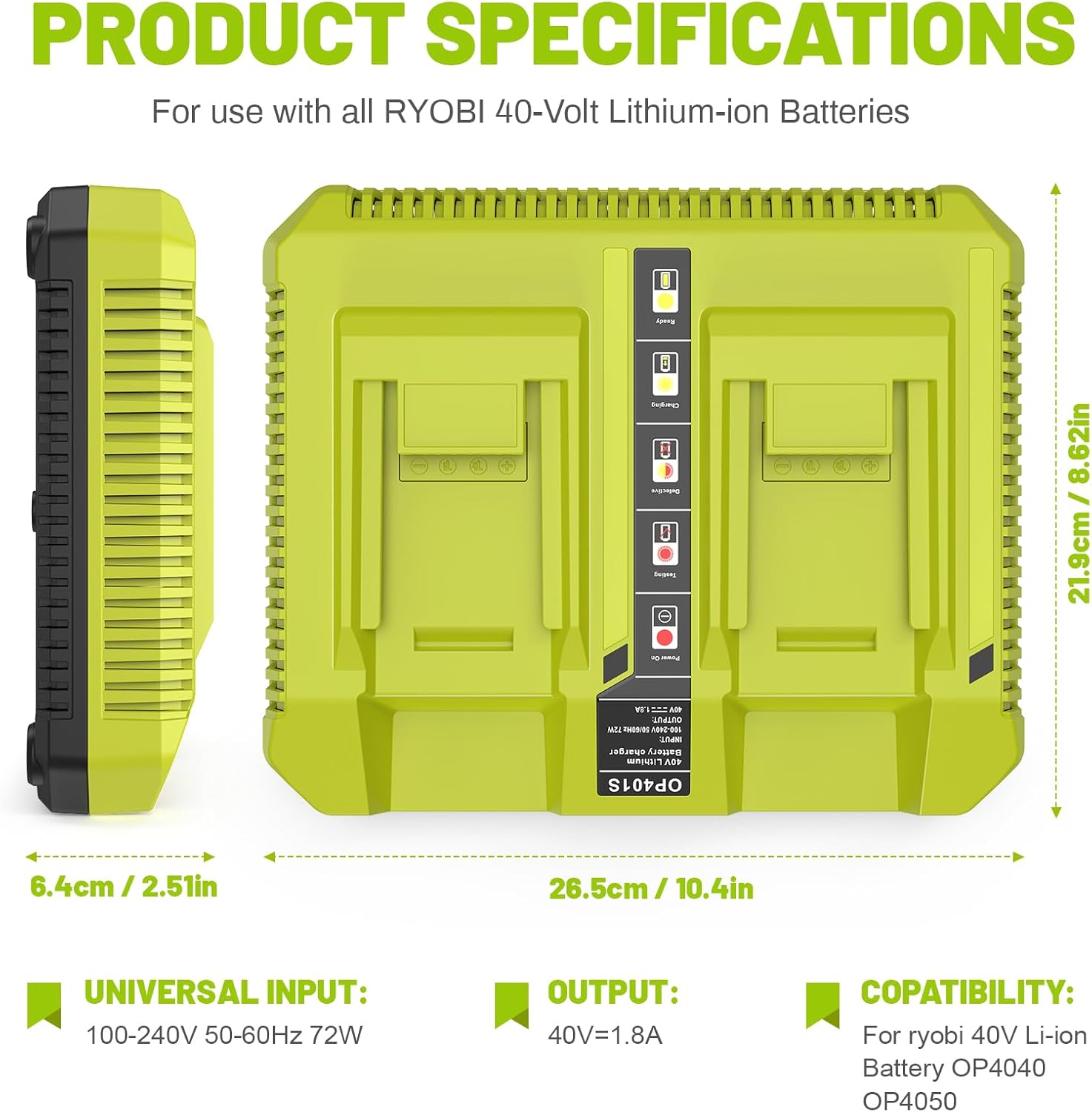 Thumbnail 1 de LabTEC 2-Port Quick Charger for Ryobi 40V Lithium Batteries (UK Plug) – for OP401 series
