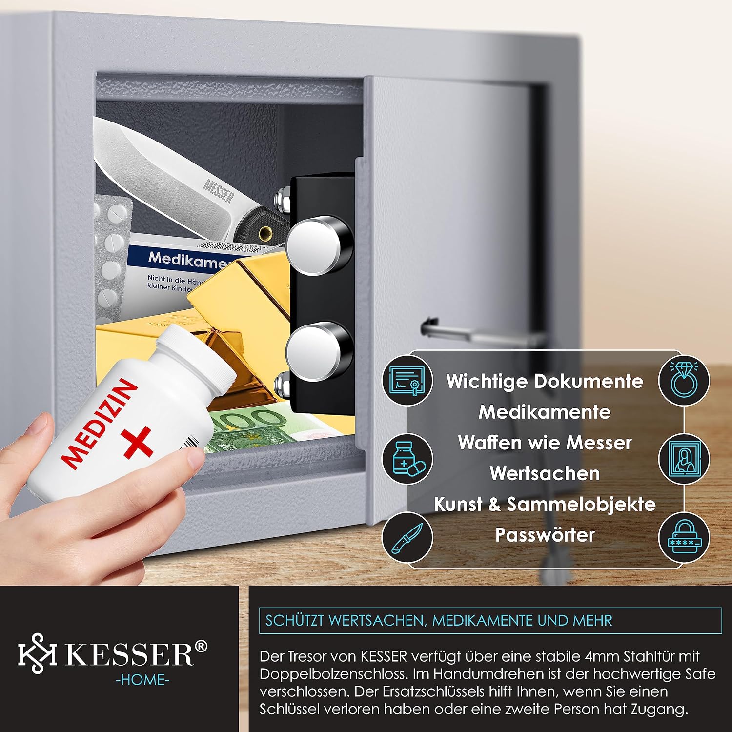 Thumbnail 2 de KESSER Tresor Möbeltresor mit Doppelbartschloss – Safe Geldschrank Boden-Wandtresor (Silber)