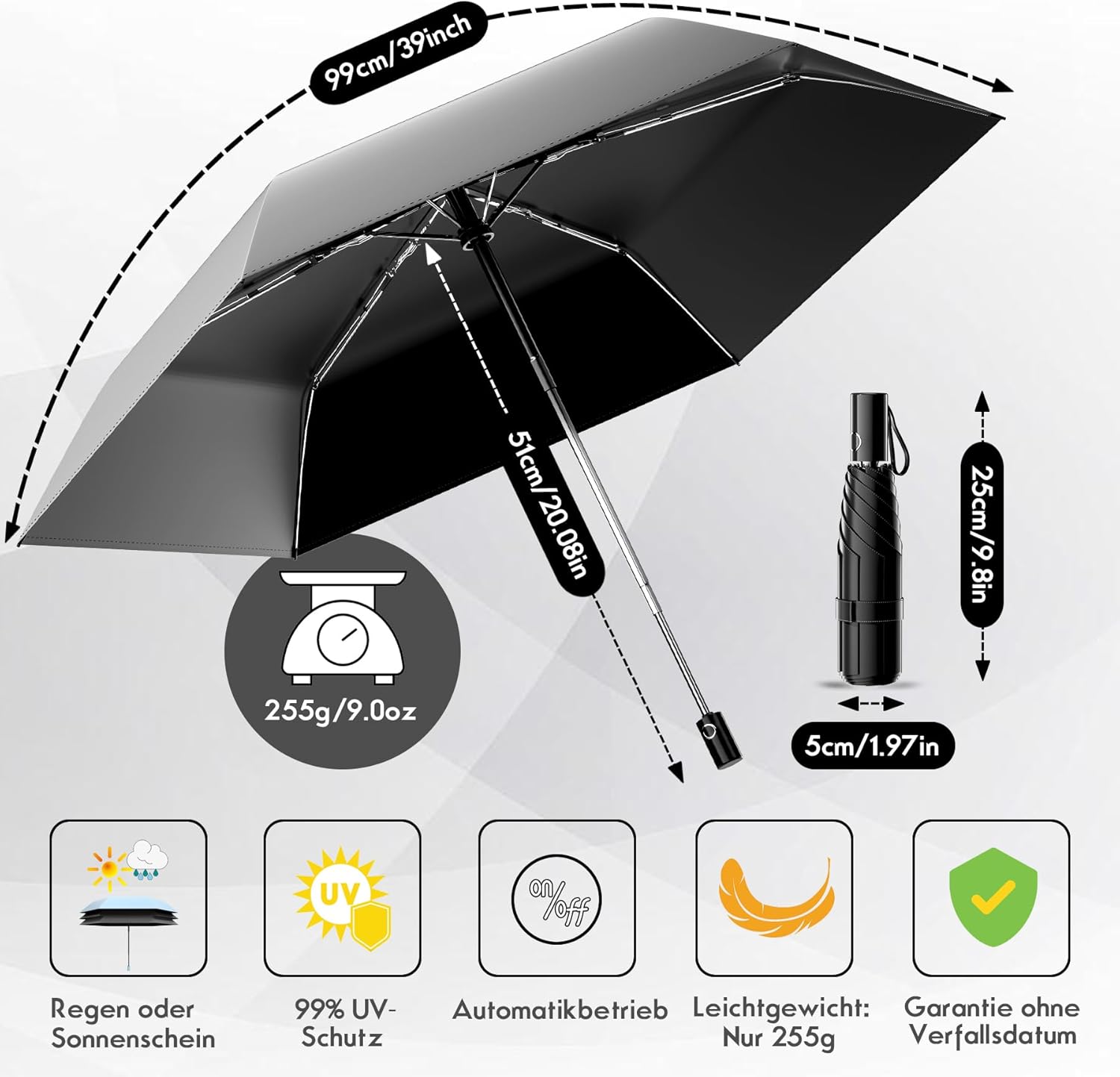 Detalle de Moorrlii Automatischer Mini-Reise-Regenschirm – winddicht, faltbar, UV-Schutz, ultrakompakt