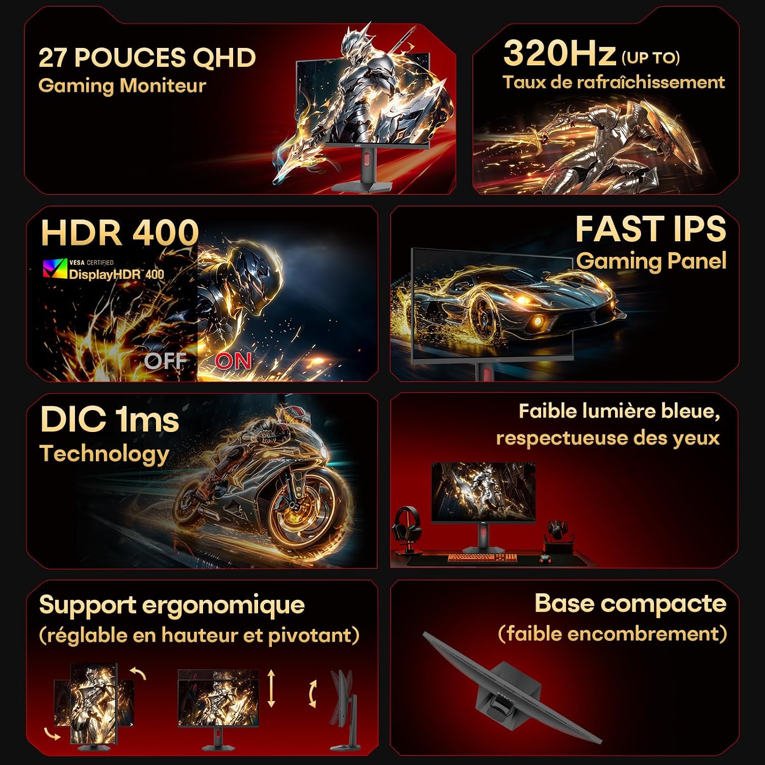 Detalle 2 de HKC 27 pouces — Écran gaming QHD 300 Hz (320 Hz en overclock), Fast IPS, HDR400, 1 ms, 95% DCI-P3