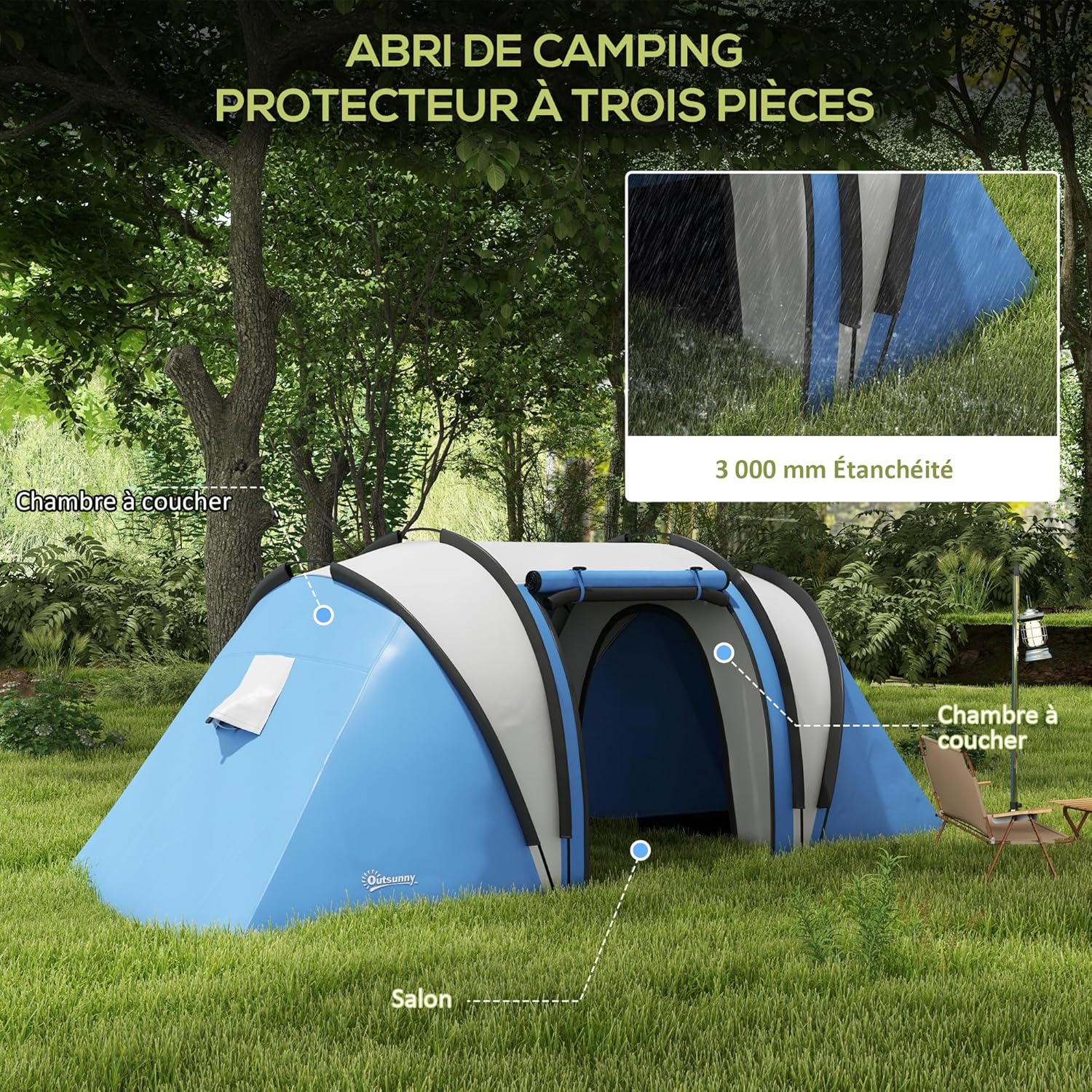 Thumbnail 2 de Outsunny Tente de Camping familiale 4-5 Personnes avec 3 portes et 2 chambres, 3000 mm, montage facile