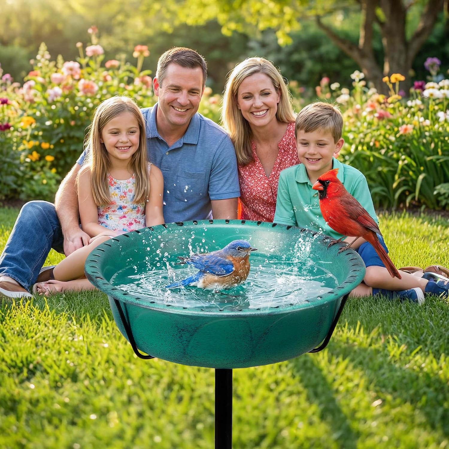 Thumbnail 1 de VIVOHOME 35In Metal Bird Bath – Vintage Green Freestanding Garden Bath with 4‑Pronged Base and Removable Feeder Bowl