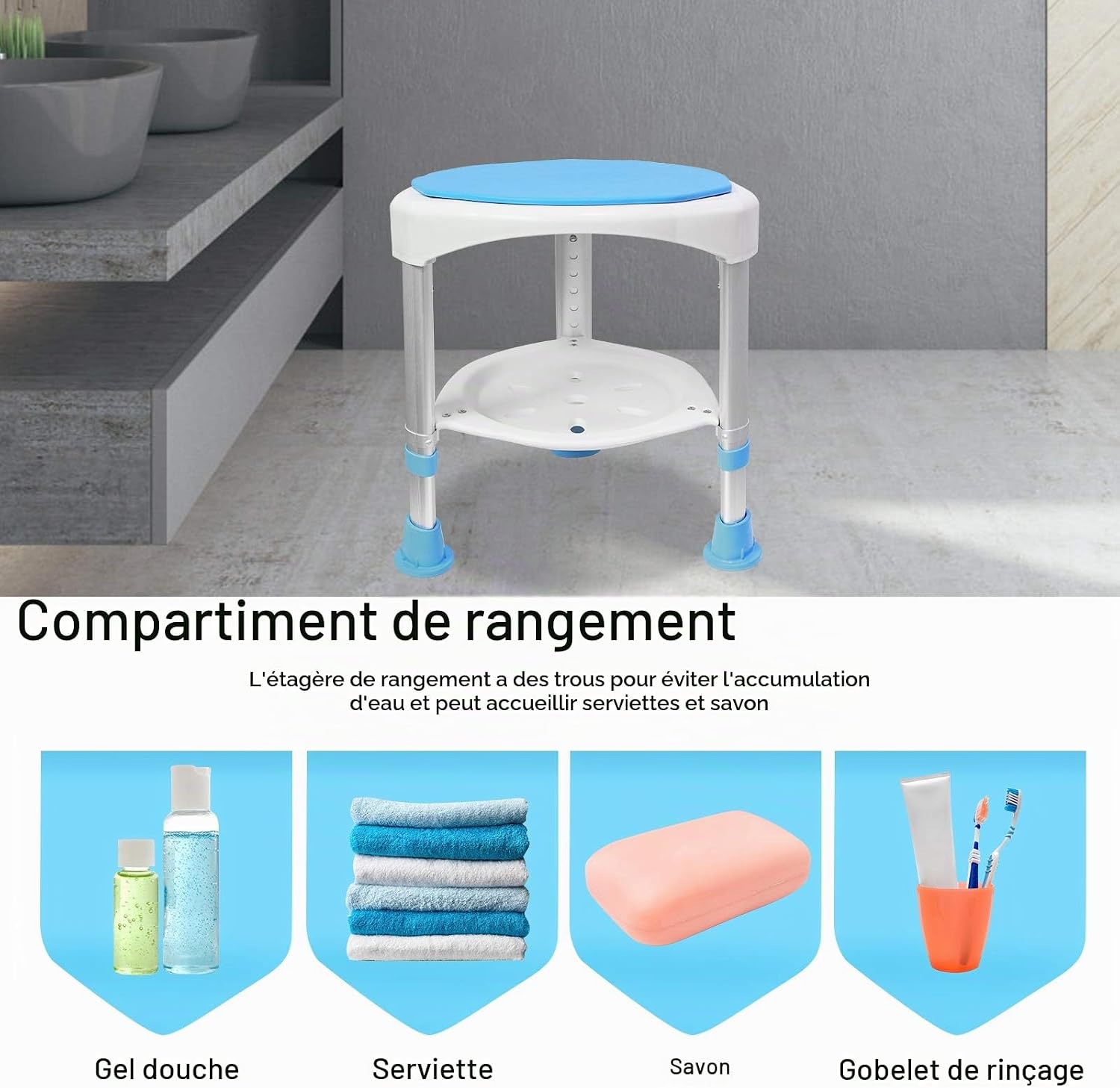 Detalle de UISEBRT UIS-HAG1128 douchestoel, 360° draaibaar en verstelbaar van 45 tot 57 cm
