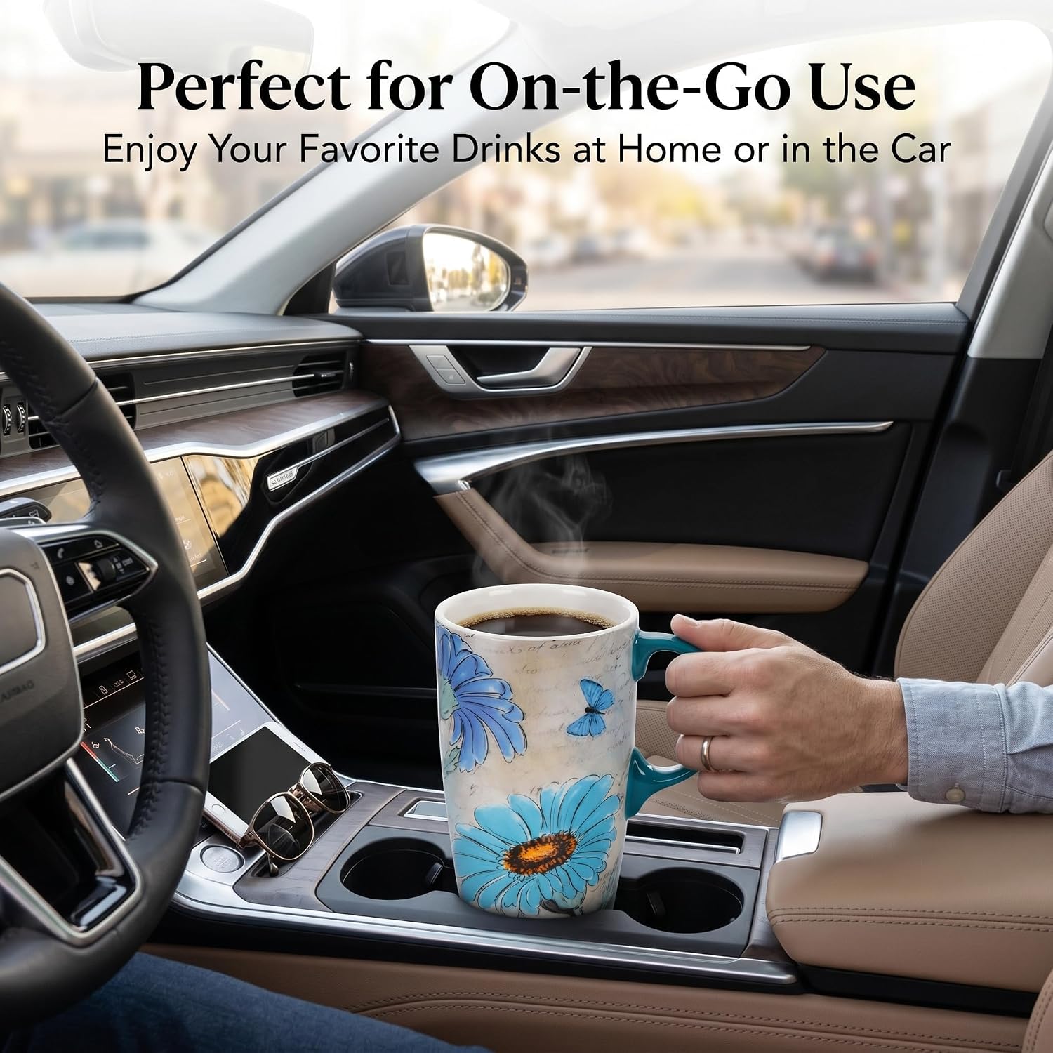 Detalle de Topadorn Ceramic Travel Mug with Spill-Resistant Lid, 17oz (500ml) in Blue Daisy Print