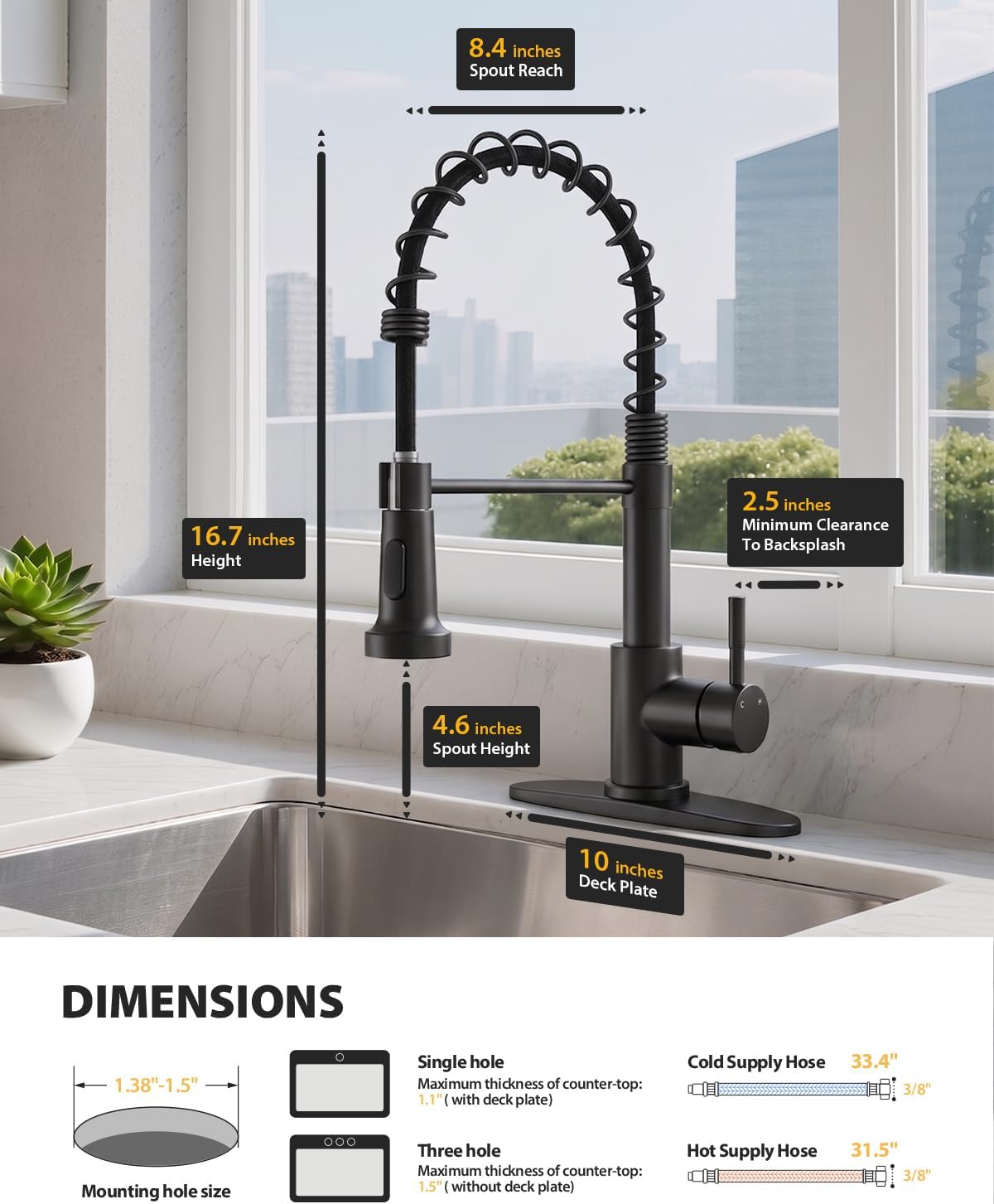 Detalle de Hiqufet HQ688MB Kitchen Faucet with Pull-Down Sprayer, 360° Swivel, Brushed Black