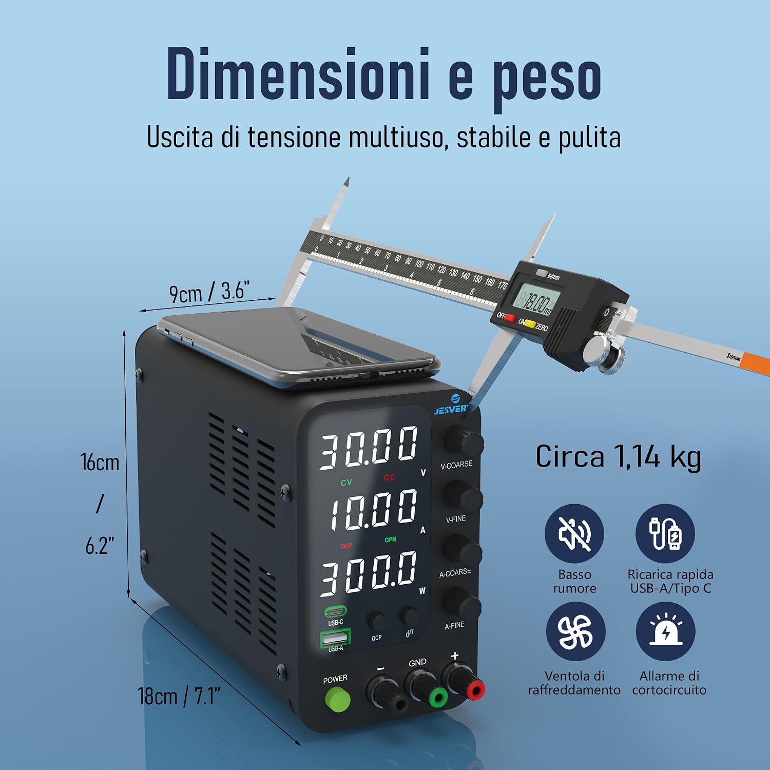 Detalle de Alimentatore CC variabile SPS-V Jesverty: banco con encoder, uscita regolabile e ricarica USB-C 20W