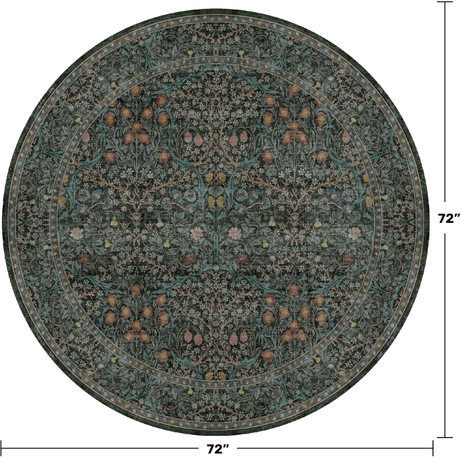 Thumbnail 1 de Hazo Haus Washable Round Area Rug (6ft) in Dark Green Floral — Non-Slip Rubber Backing