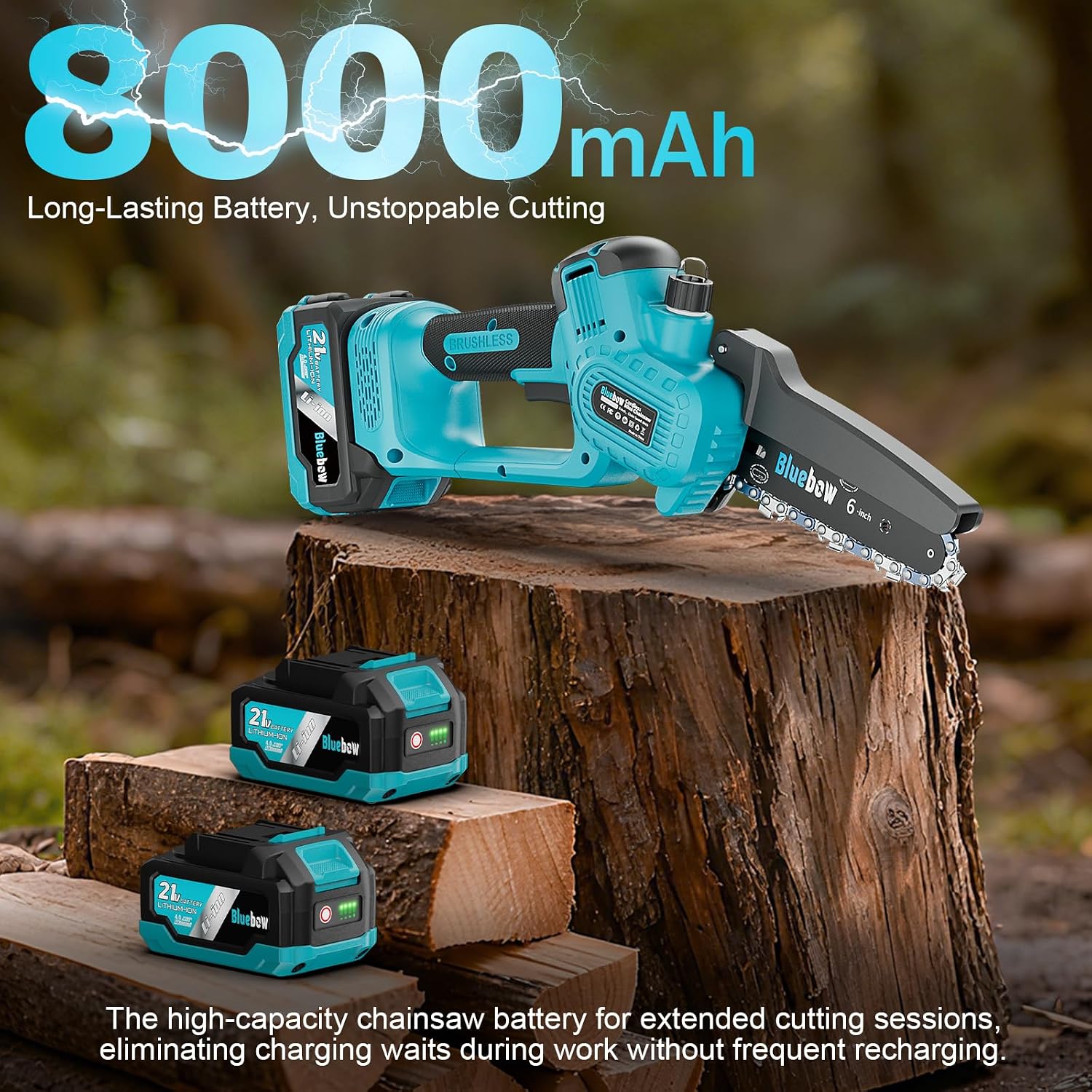 Detalle de Brushless Mini Chainsaw Cordless 6 Inch with 2×4000mAh Batteries