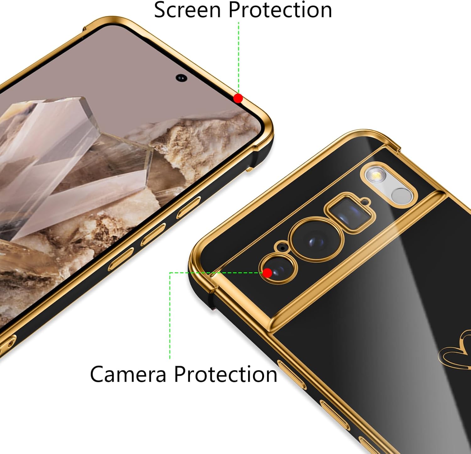 Thumbnail 1 de ZTOFERA Hülle für Google Pixel 8 Pro – weiche Silikon-Handyhülle mit Herzmuster und goldener Kante