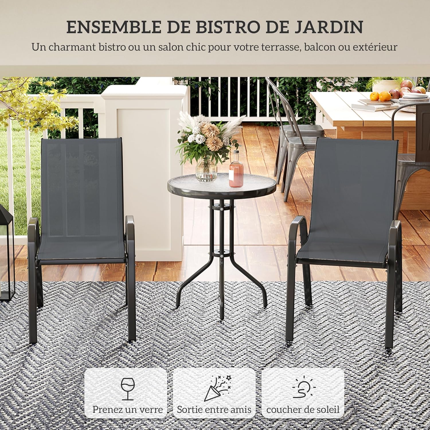 Thumbnail 2 de Outsunny Salon de Jardin Extérieur 3 Pièces — 2 Fauteuils Empilables + Table Basse en Verre Trempé, Gris Foncé