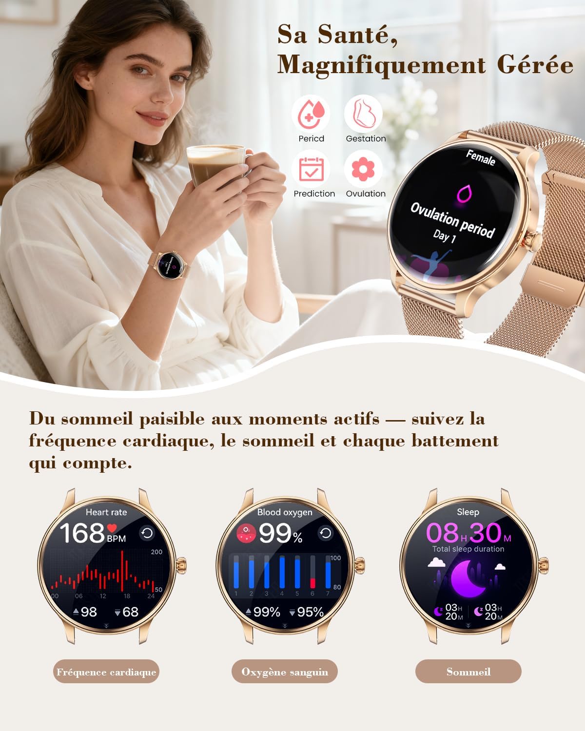 Detalle de WalkerFit Smartwatch Damen Rund 1,43" AMOLED – IP68, Bluetooth Anrufe, 120+ Sportmodi, Roségold