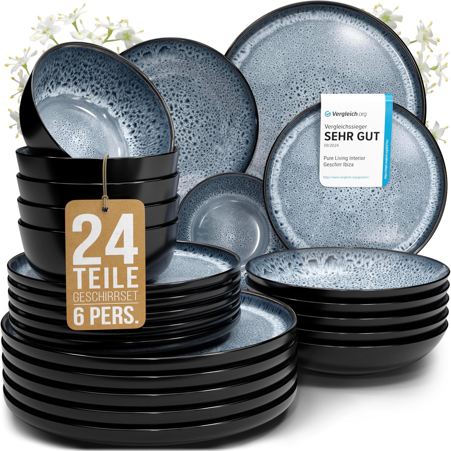 Detalle de Steingut Geschirrset 6 Personen Ibiza 24-tlg. TESTSIEGER – Pure Living, Graublau