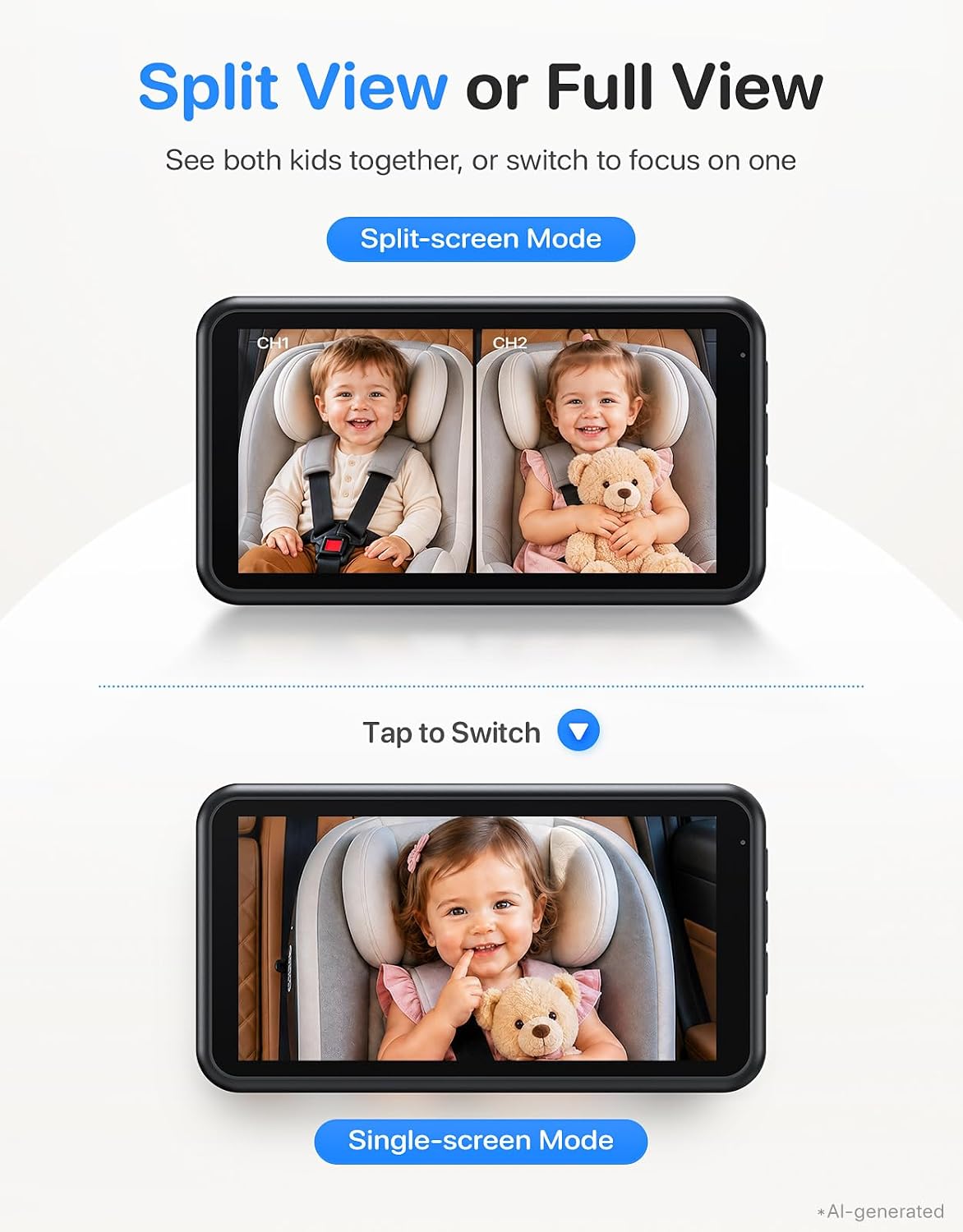 Thumbnail 2 de BM5PRO 7.2" 1080P HD Dual Car Camera Baby Monitor for 2 Kids (Split Screen, IR Night Vision)