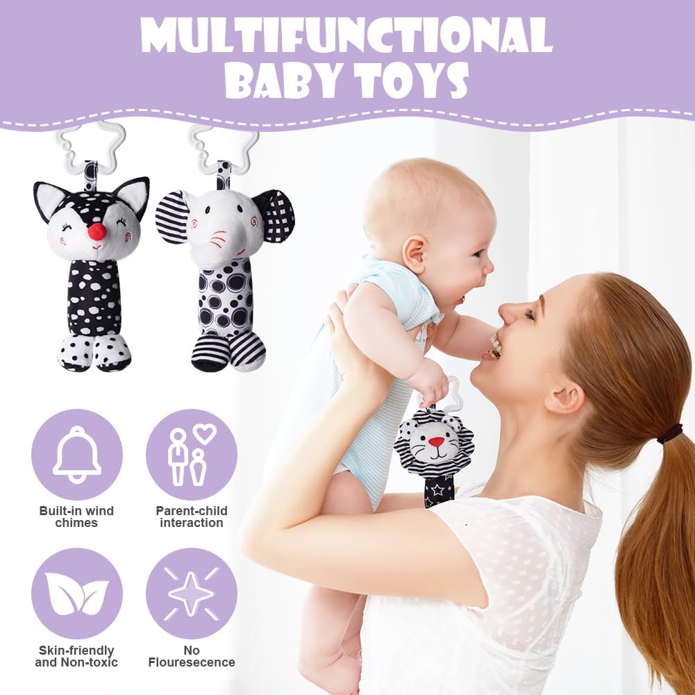 Thumbnail 2 de Aolso 3 Pack Clip on Pram Baby Toys – Sensory Hanging Rattles with Black & White Cartoons