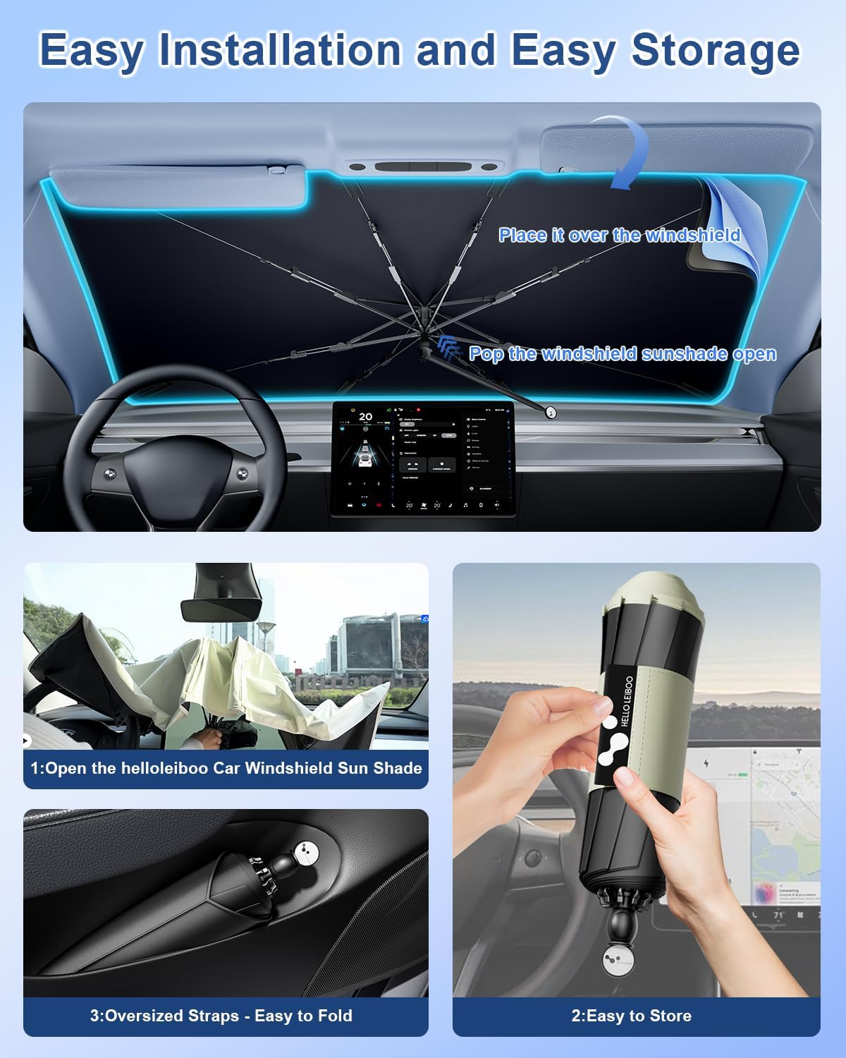 Thumbnail 4 de helloleiboo Car Windshield Sun Shade Umbrella (57" x 32") with 5-Layer UV & Heat Protection Coating