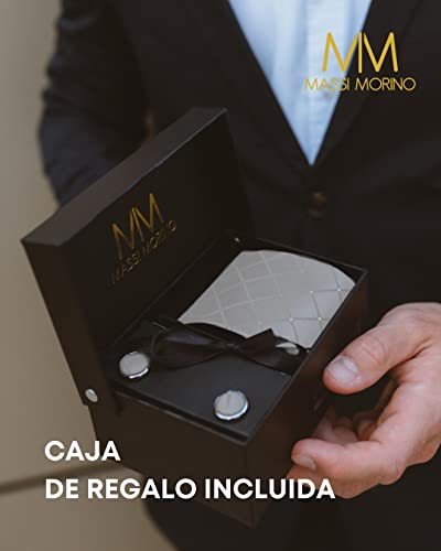 Detalle de Massi Morino Morino Corbata Gris de Cuadros con Pañuelo a Juego y Accesorios – Set 5 en 1 para Hombre
