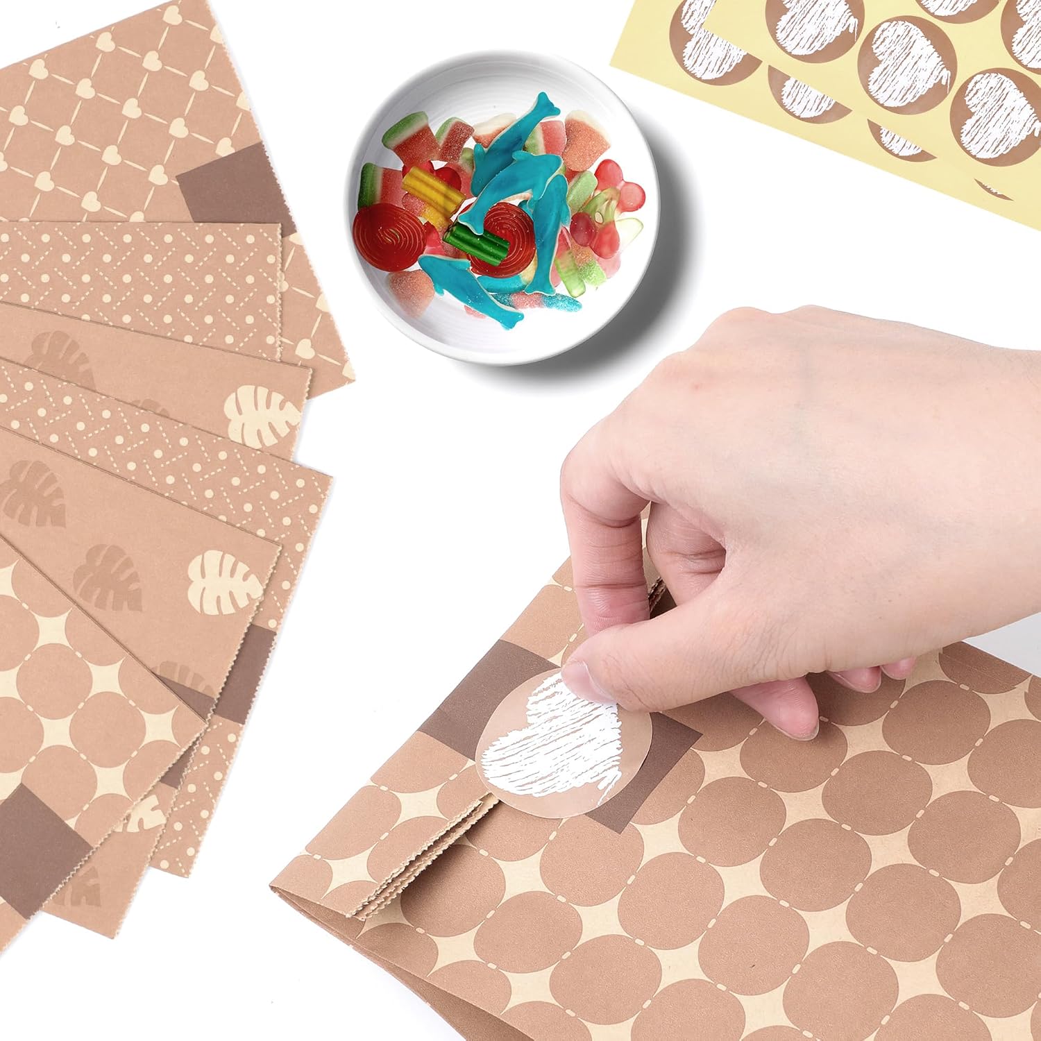 Detalle de Romon papierowe torebki prezentowe, 12 sztuk z naklejkami, papier kraft 120 g