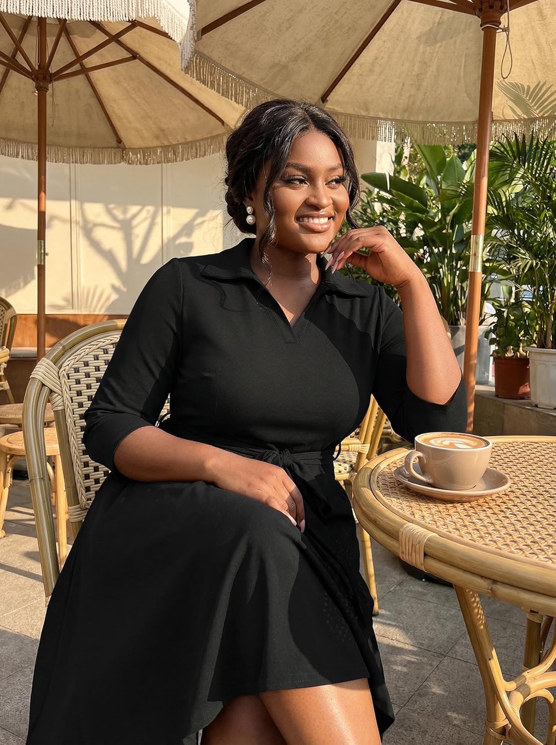 Thumbnail 5 de FANDEE Plus Size Midi Dress with African Print – L-5XL, V-Neck, 3/4 Sleeves, Belt & Pockets