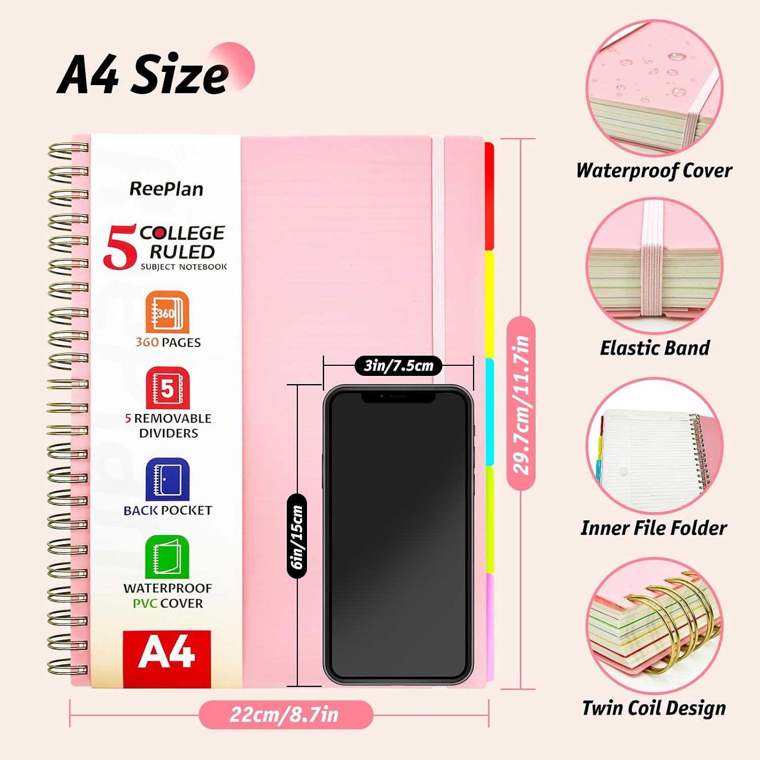 Detalle de ReePlan 360 Pages A4 Spiral Notebook with 5 Subjects – Pink