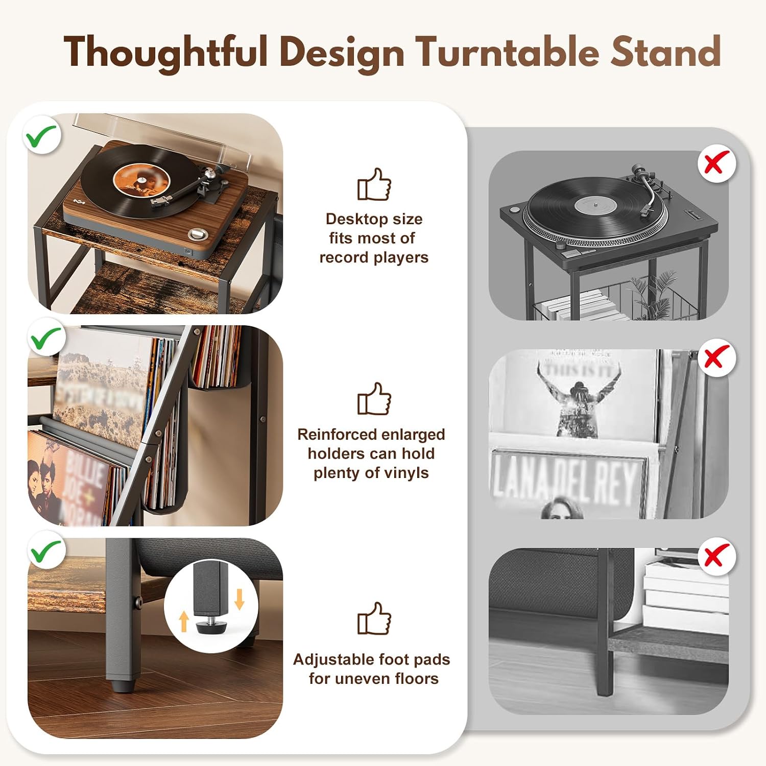 Detalle de Bikoney End table-110401 platenspelermeubel met 3 niveaus voor vinyl