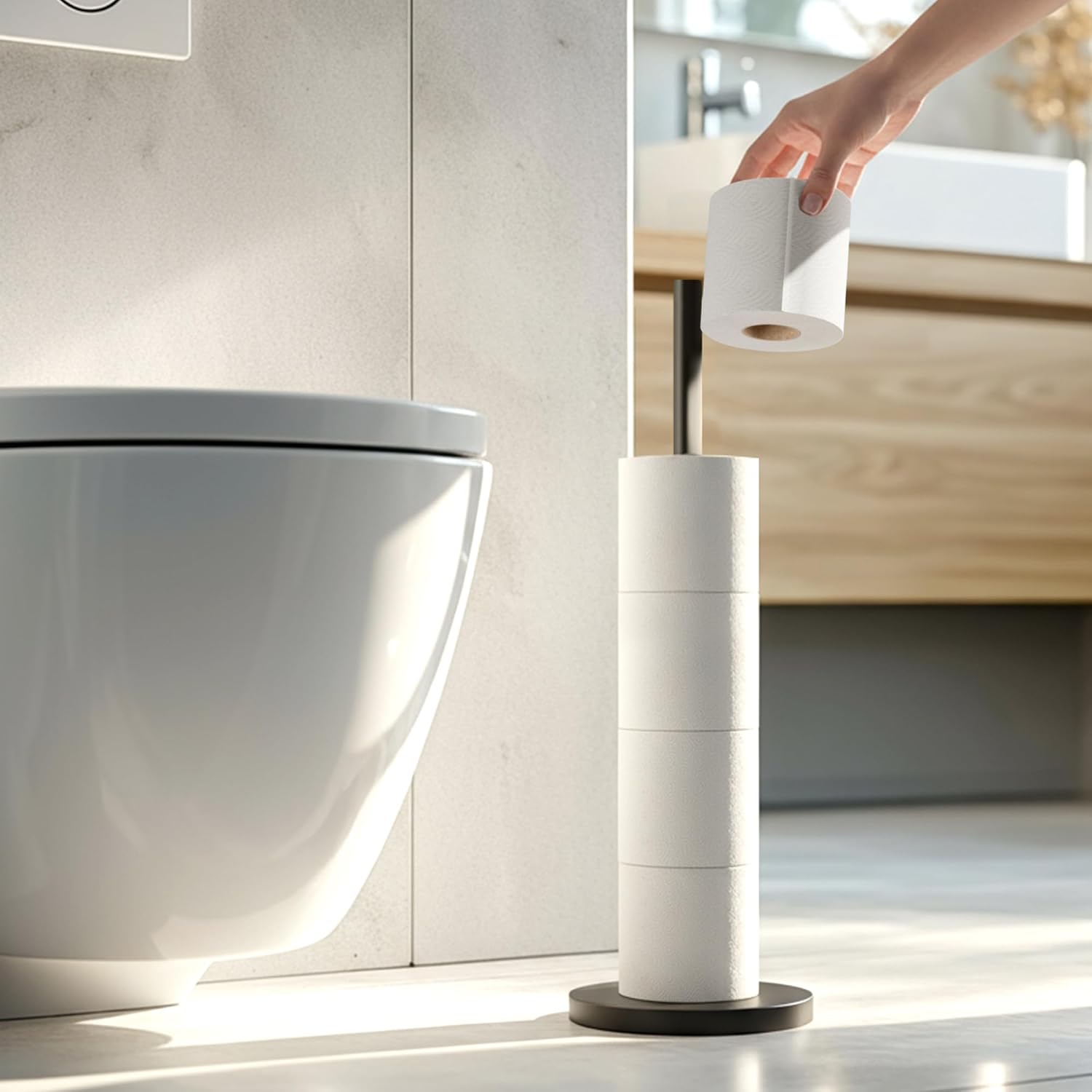 Detalle de Minismus Toilettenpapierhalter stehend – Edelstahl, kippsicherer Stand, Platz für 5 Ersatzrollen