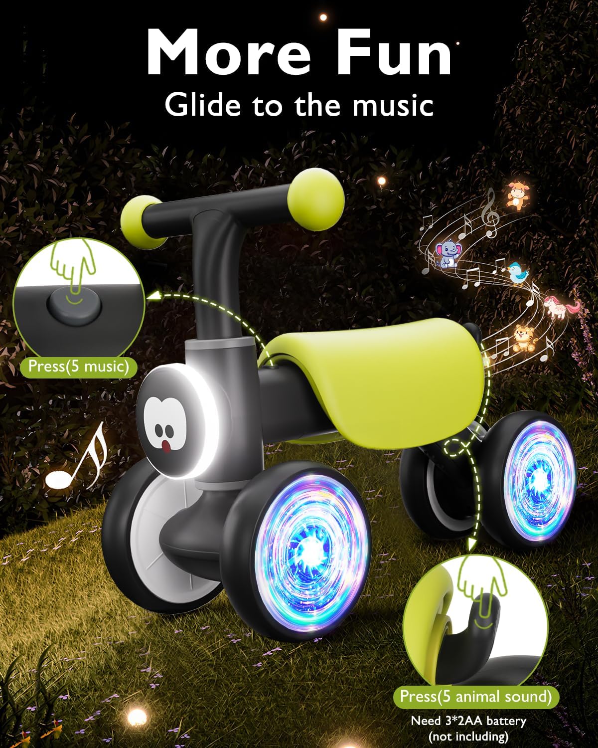 Thumbnail 2 de Colorful Glow Wheel Toddler Balance Bike (12–24 Months) with Soft Music & Animal Sounds