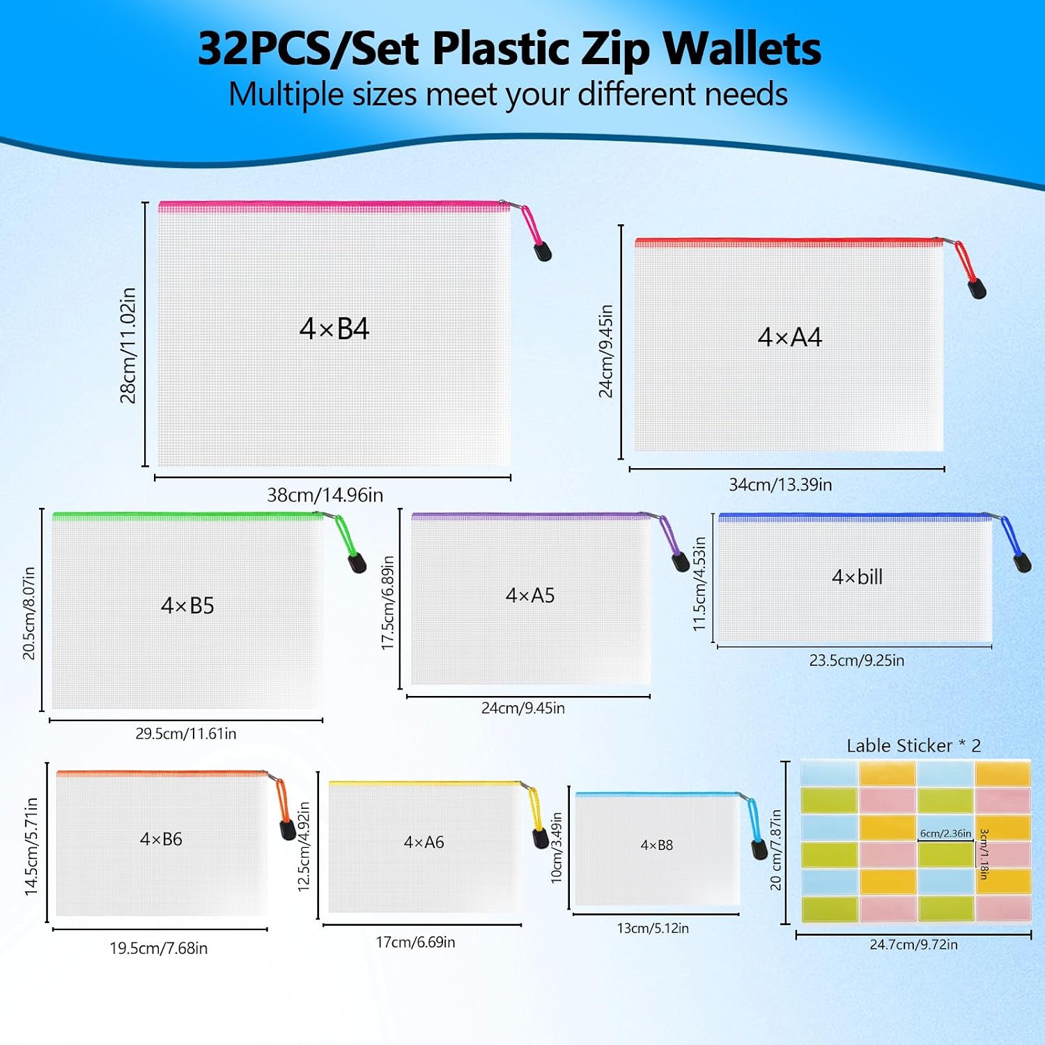 Thumbnail 1 de Northern Brothers Plastic Wallets Zip Folders (32pcs) – waterproof mesh zip bags in 8 sizes