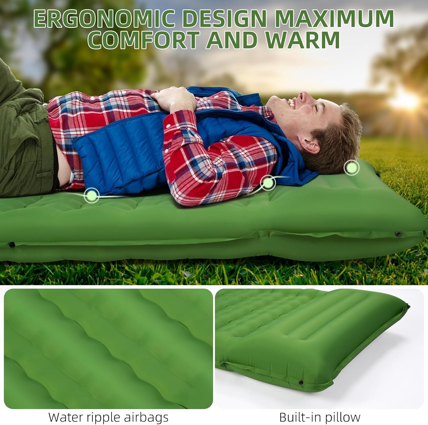 Detalle de FNARMW Camping Sleeping Pad, Extra Thick 5 Inch with Built-In Pillow and Foot Pump (Green)