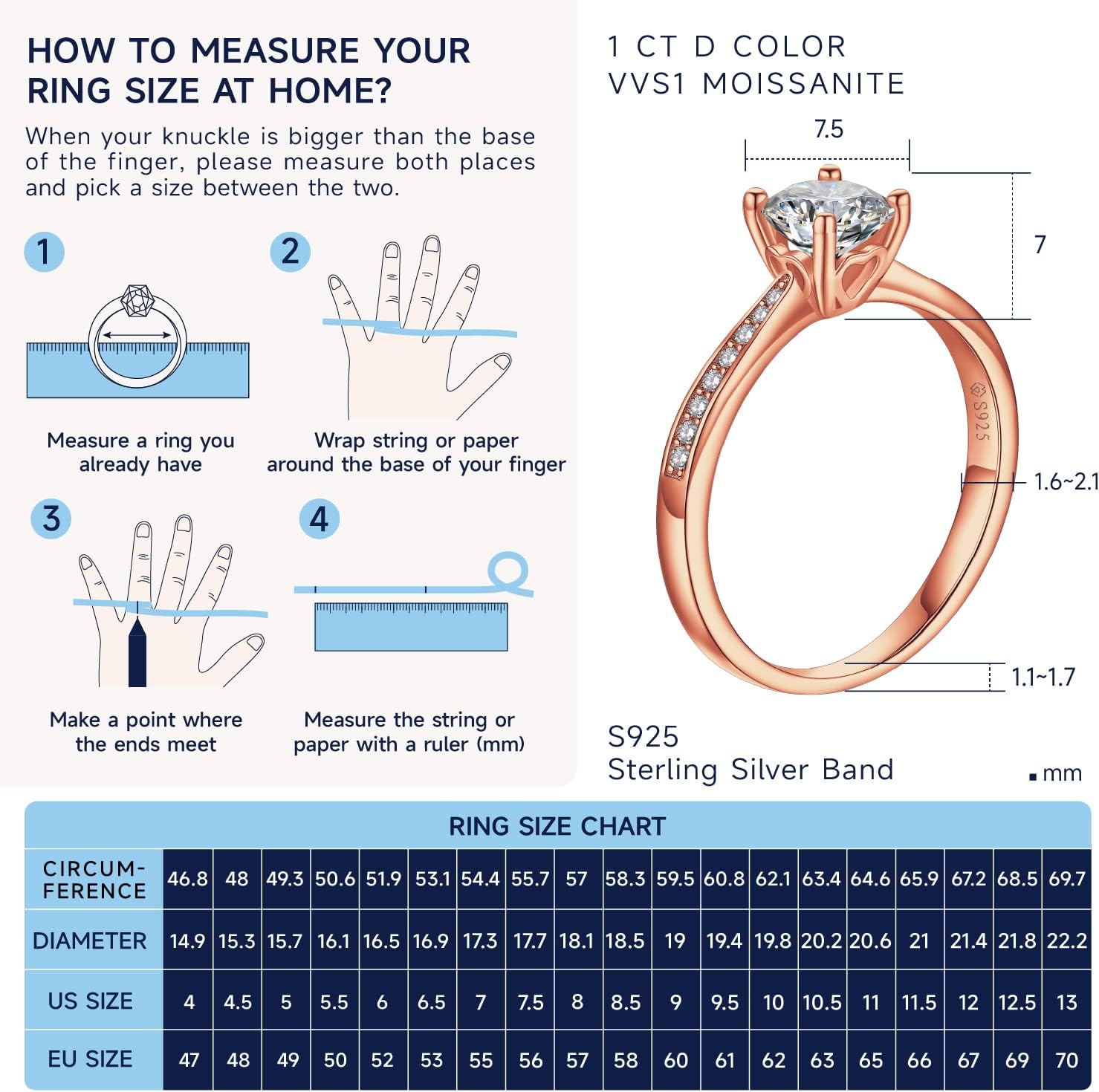 Thumbnail 5 de MomentWish Verlobungsring Damen – Moissanite Ring 1 Karat, 925 Sterling Silber, D/VVS1