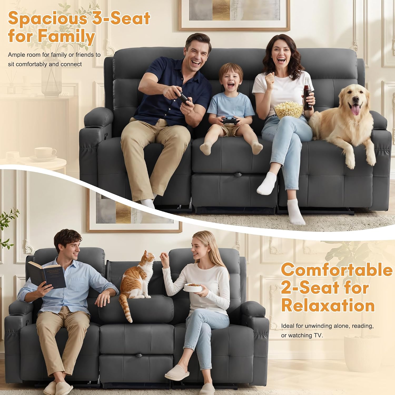 Thumbnail 6 de Korser LS-1066-Grey-NEW 3-Seat Recliner Sofa with PU Leather & Flip-Back Console