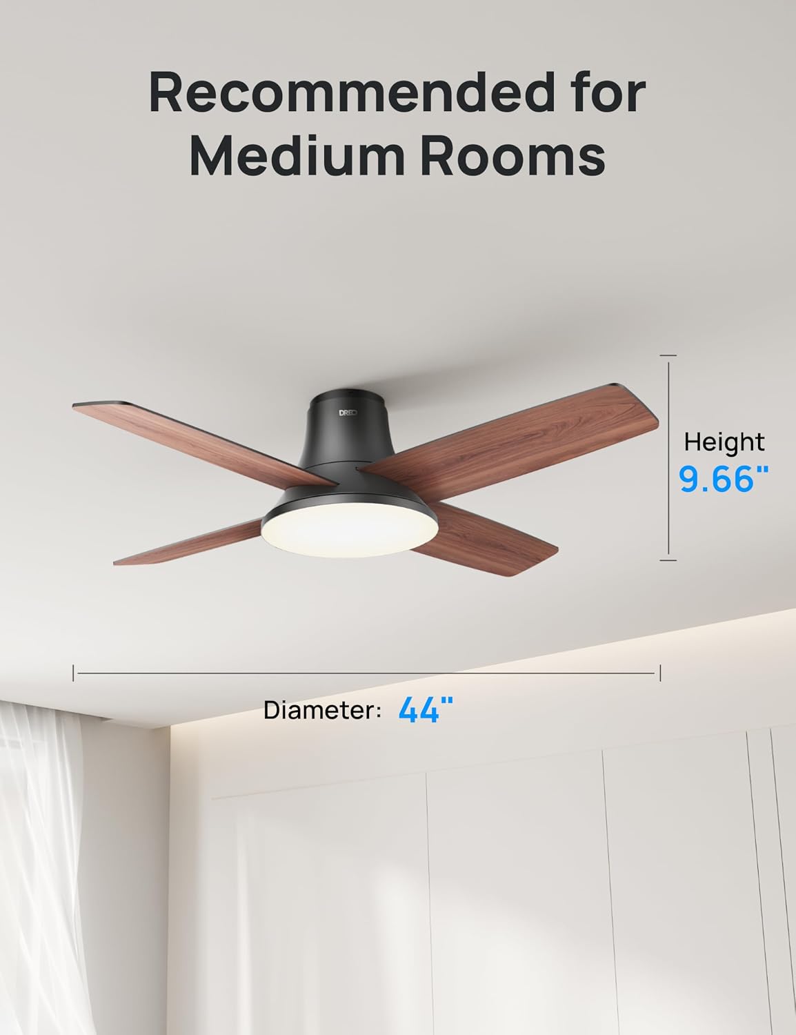Detalle de DREO DR-HCF003 Black 44-inch Smart Ceiling Fan with Dimmable LED