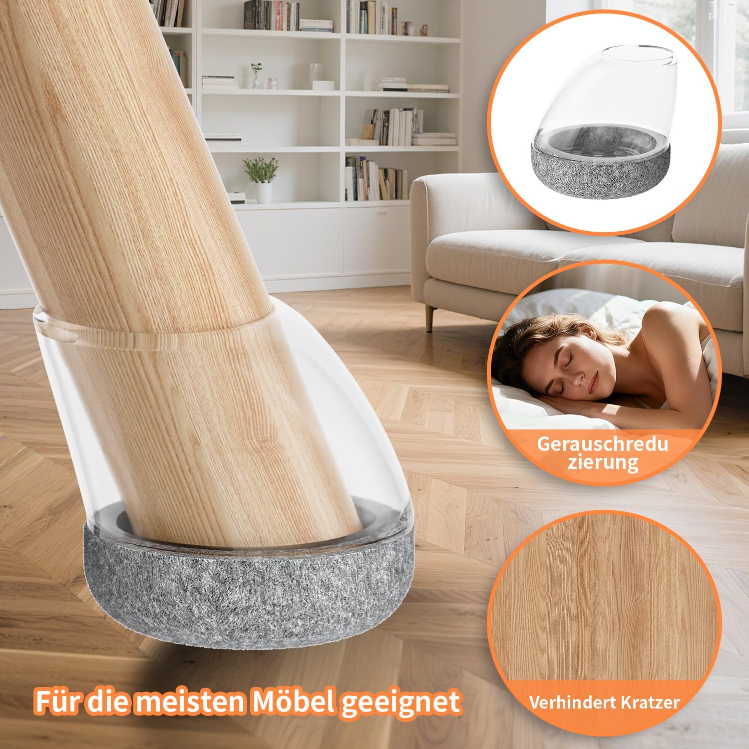 Thumbnail 3 de RCHYFEED Stuhlbeinkappen – Silikon-Filz-Schonschutz, 24 Stück, Transparent mit Graual Filz für 15–25° Stuhlbeine (14–20 mm)