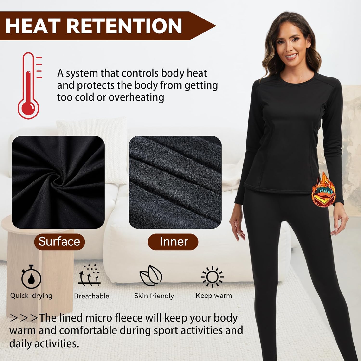 Thumbnail 2 de AMZSPORT pull thermique femme à manches longues – sous-vêtement respirant doublure polaire