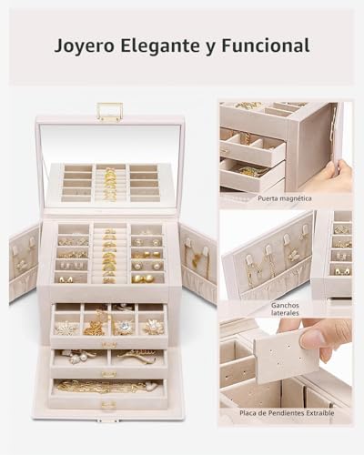 Detalle de Vlando Caja grande para joyas con 4 niveles: joyero de PU cuero, espejo y cajones