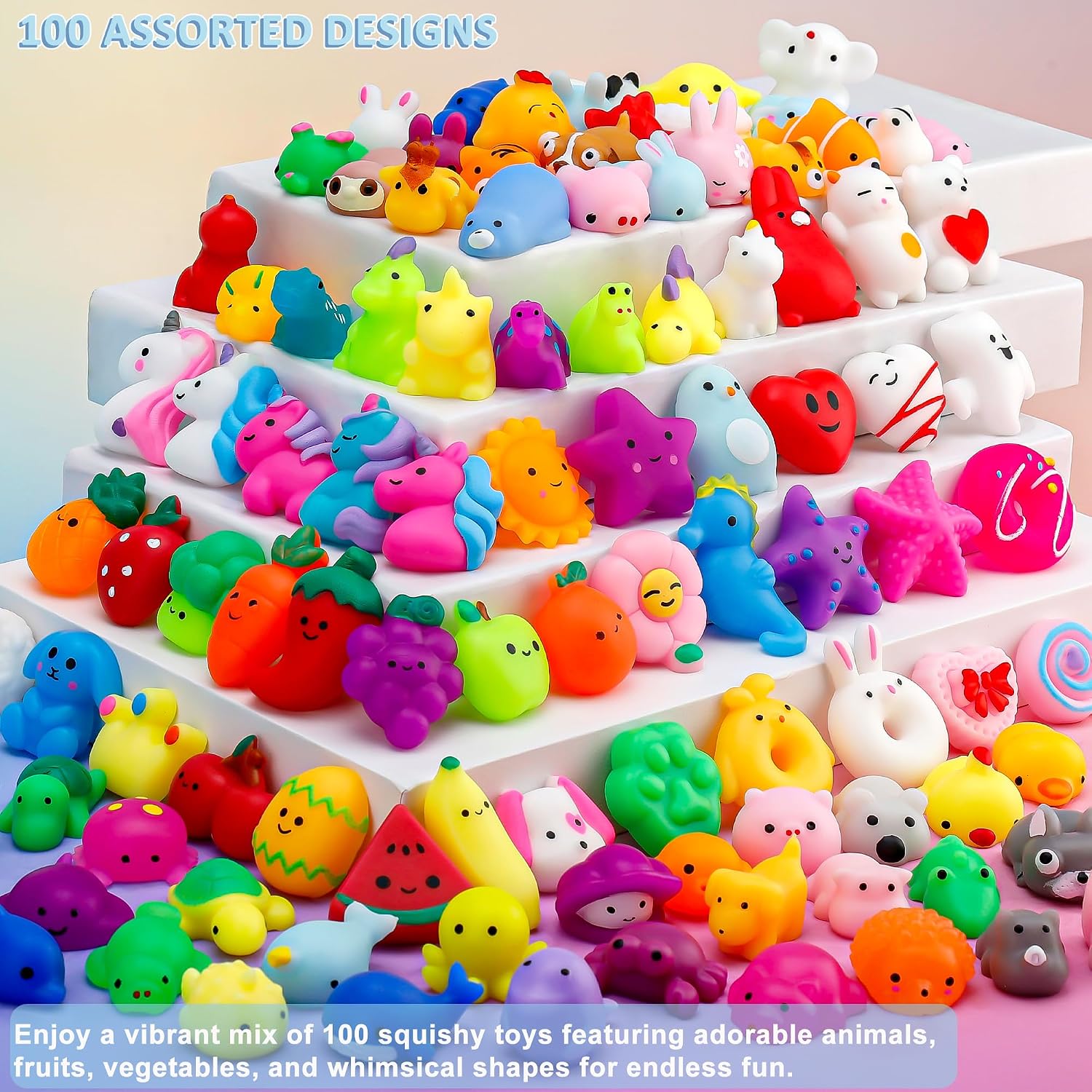 Detalle de 100 Pack Mochi Squishy Toys: Bulk Party Favors for Kids (4-12) and Classroom Prizes
