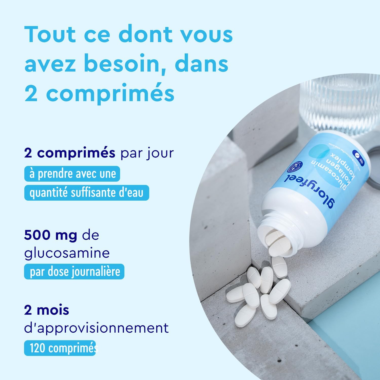 Detalle 2 de Glucosamine Chondroïtine MSM enrichi en collagène & acide hyaluronique – 120 comprimés, formule 6 en 1