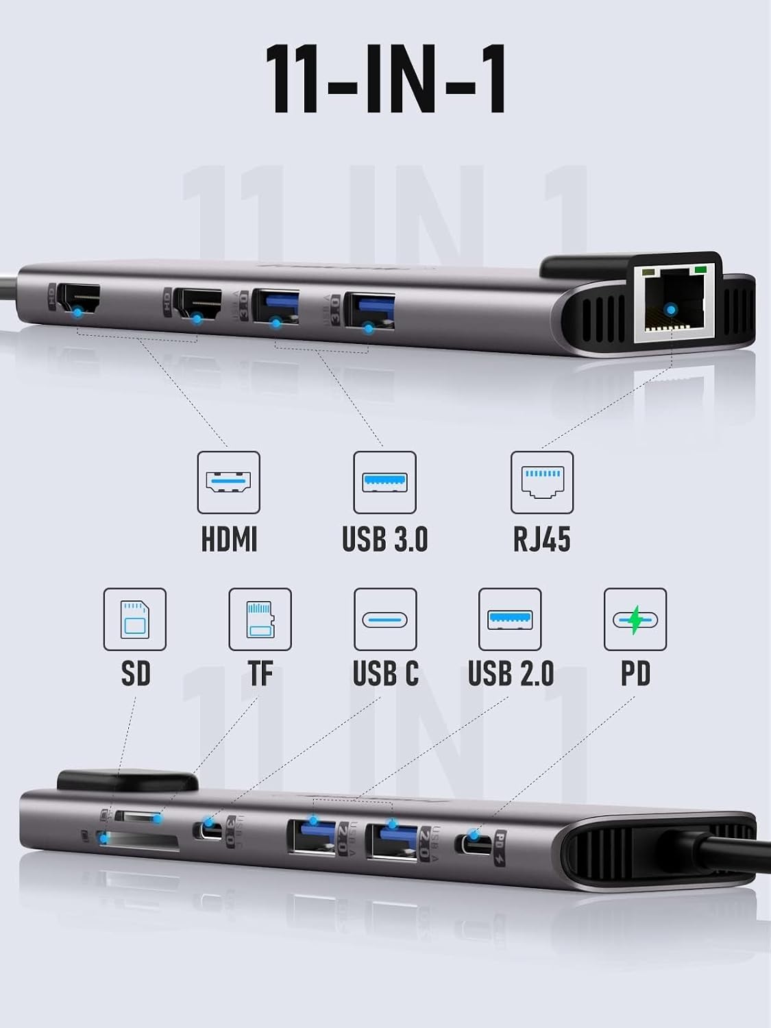 Detalle 2 de Aluminium USB-C Docking Station mit Dual-HDMI, Gigabit Ethernet, 1000 Mbps, 100 W PD und SD/TF – USB-C Hub 2 HDMI
