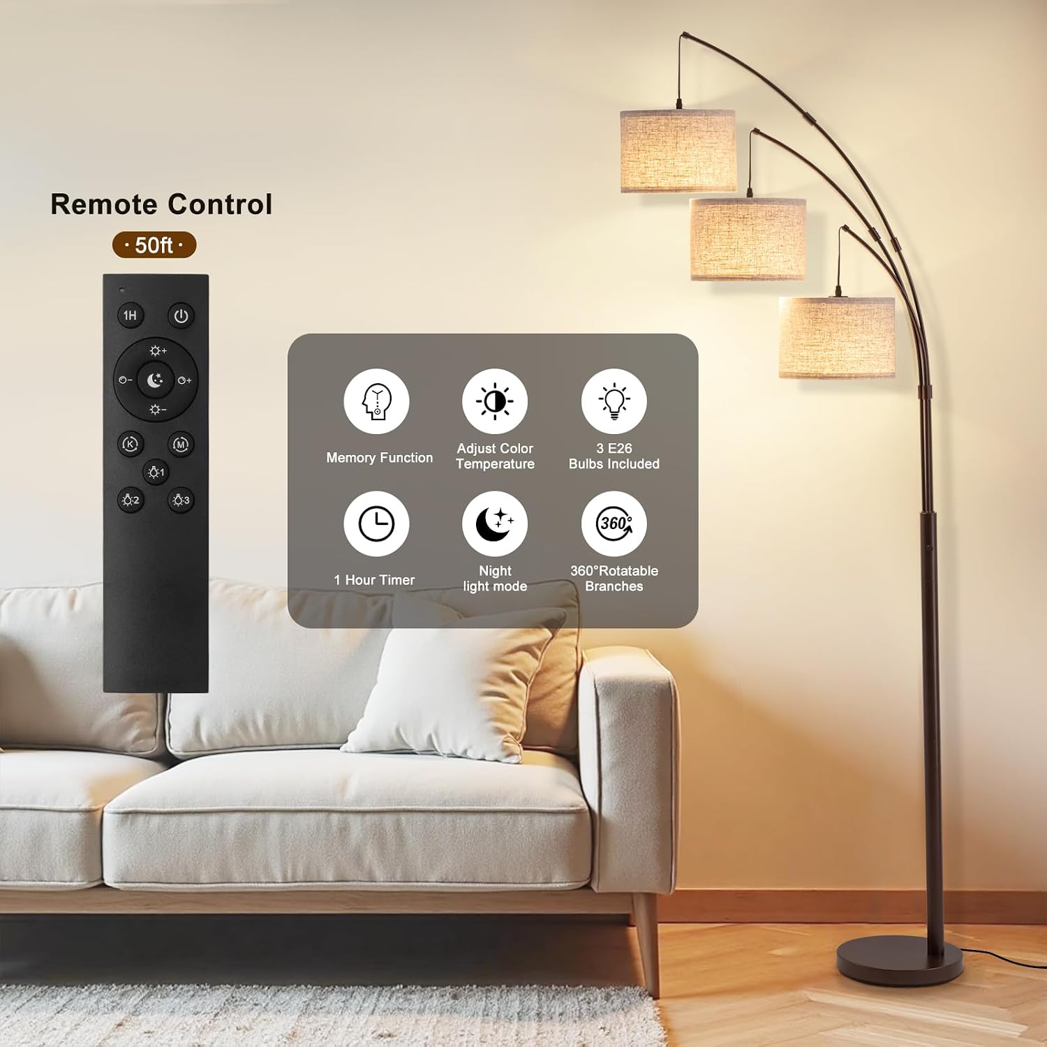 Detalle de Fansdrick 3-Light Arc Floor Lamp, 2,400 Lumens, Remote Dimming, 80-Inch