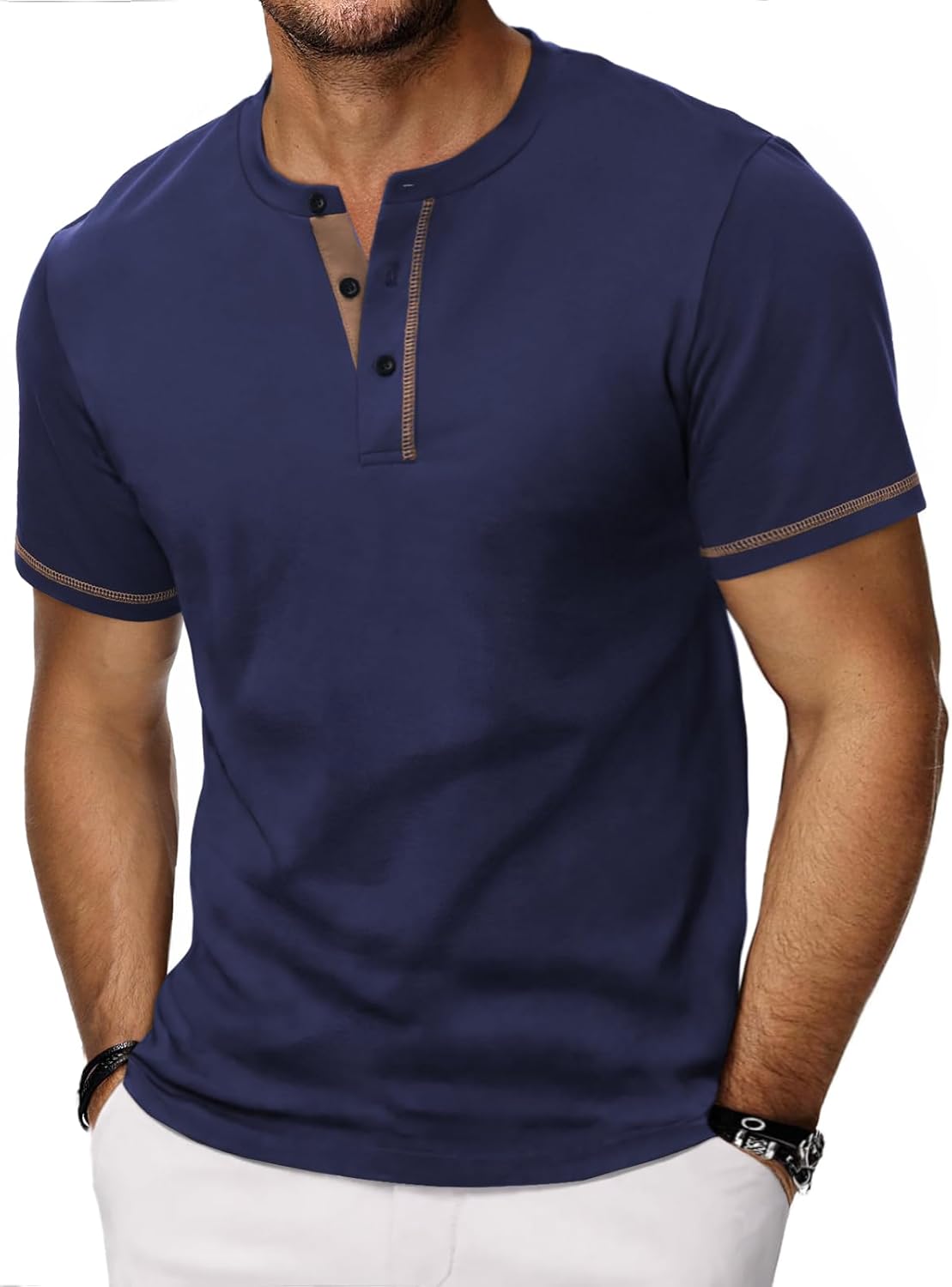 Detalle de HMIYA Henley Kurzarm T-Shirt für Herren – Sommer-Top mit Knopf-Detail aus Baumwolle